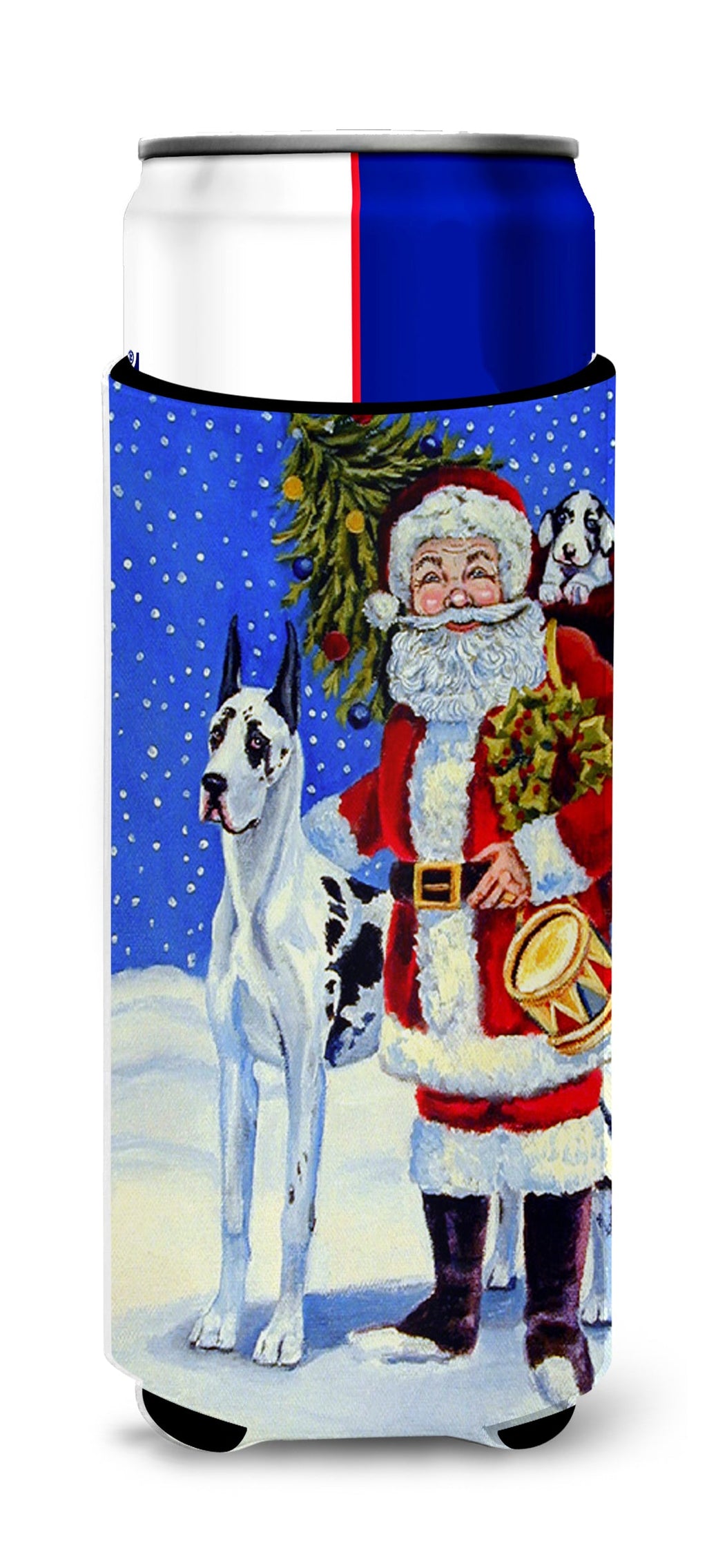 Harlequin Great Dane with Santa Claus Slim Can Hugger , Insulated Foam Hugger for 12 oz Slim Cans, Beer Bottles & Water Bottles, Printed in USA
