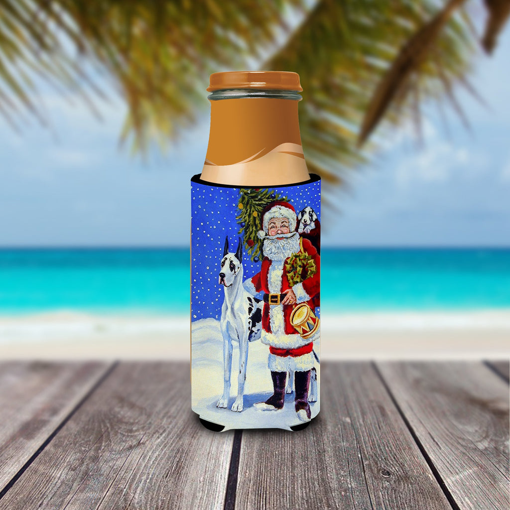 Harlequin Great Dane with Santa Claus Slim Can Hugger , Insulated Foam Hugger for 12 oz Slim Cans, Beer Bottles & Water Bottles, Printed in USA