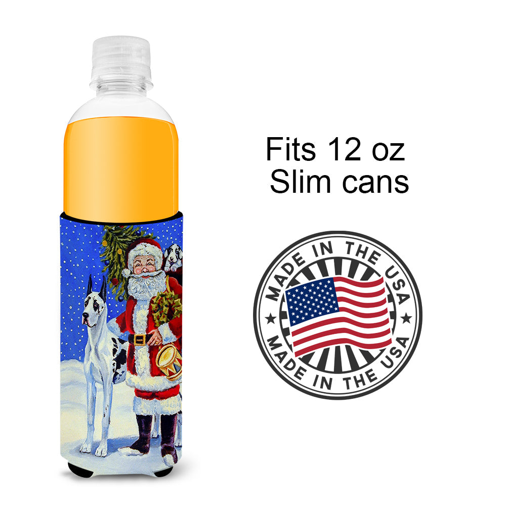Harlequin Great Dane with Santa Claus Slim Can Hugger , Insulated Foam Hugger for 12 oz Slim Cans, Beer Bottles & Water Bottles, Printed in USA