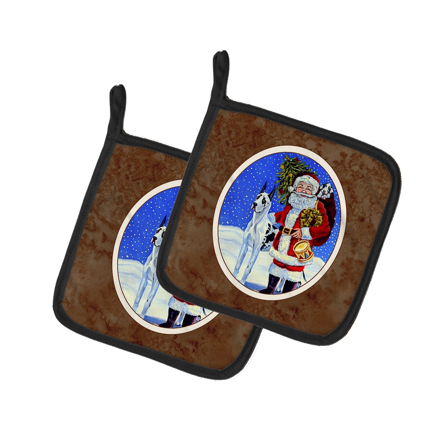 Harlequin Great Dane with Santa Claus Pot Holder Set of 2 Heat Resistant Quilted Hot Pads 7.5 x 7.5 Inch, Insulated Kitchen Trivets for Cooking & Baking