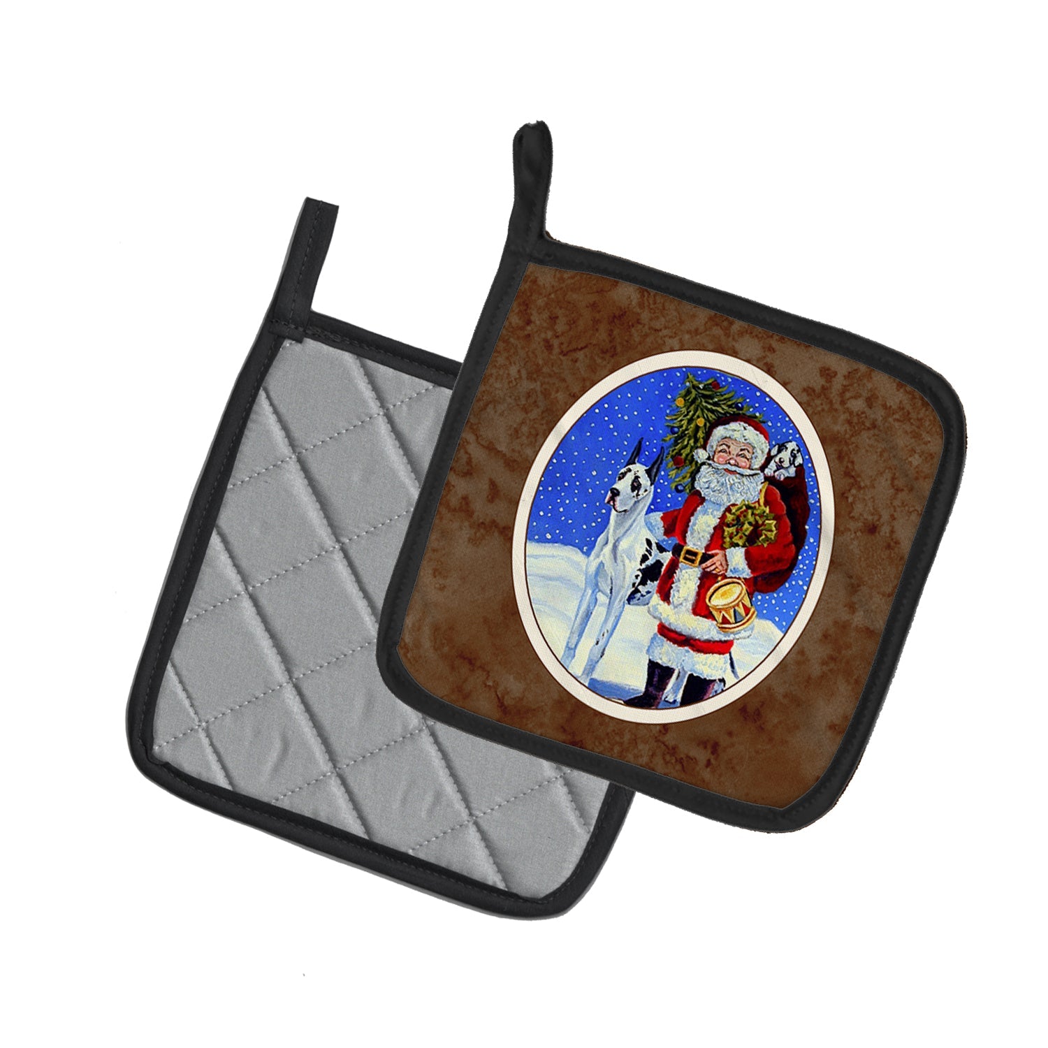 Harlequin Great Dane with Santa Claus Pot Holder Set of 2 Heat Resistant Quilted Hot Pads 7.5 x 7.5 Inch, Insulated Kitchen Trivets for Cooking & Baking
