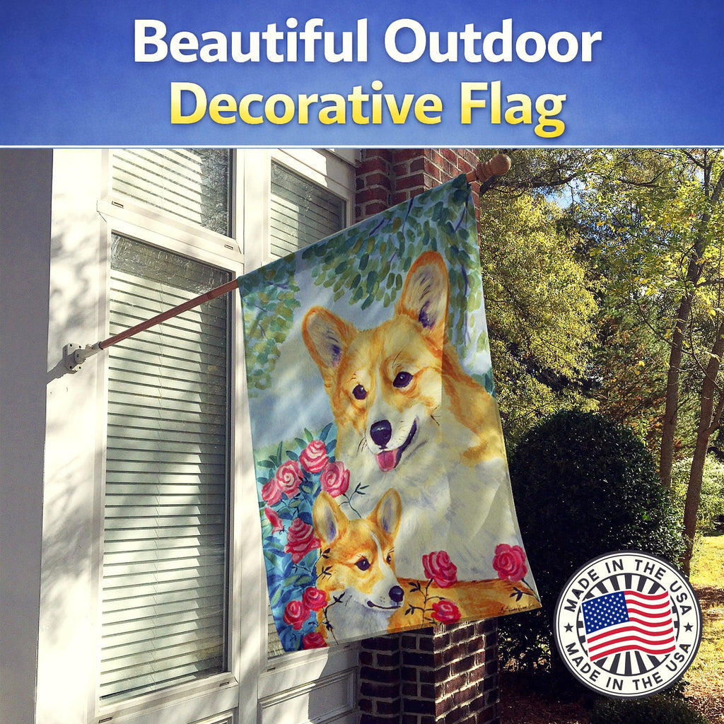 Corgi Momma loves Roses House Flag 28x40 Porch Sleeve Pole Decorative Outside Yard Banner Artwork Wall Hanging, Polyester