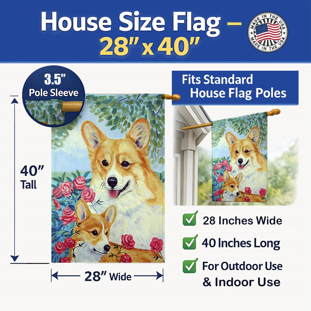 Corgi Momma loves Roses House Flag 28x40 Porch Sleeve Pole Decorative Outside Yard Banner Artwork Wall Hanging, Polyester
