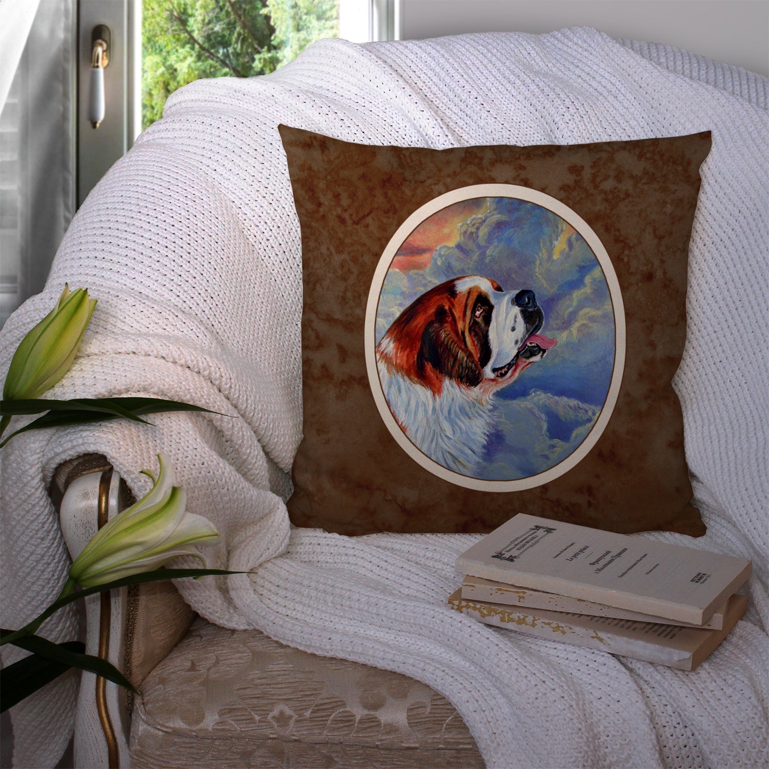 Saint Bernard Loyalty Decorative Throw Pillow 14x14 Indoor Outdoor Accent Cushion, Fabric Cover with Insert for Sofa, Bed, Porch & Living Room