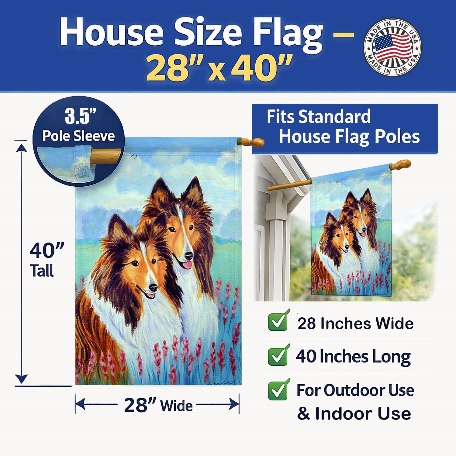 Sable Shelties Double Trouble House Flag 28x40 Porch Sleeve Pole Decorative Outside Yard Banner Artwork Wall Hanging, Polyester
