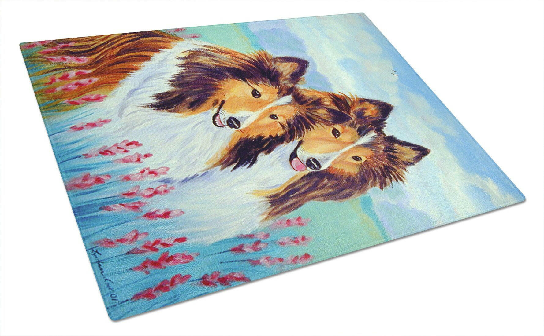 Sable Shelties Double Trouble Cutting Board Tempered Glass Kitchen Cutting Surface, Heat Resistant Chopping, Non-Slip Feet, Food Prep & Serving