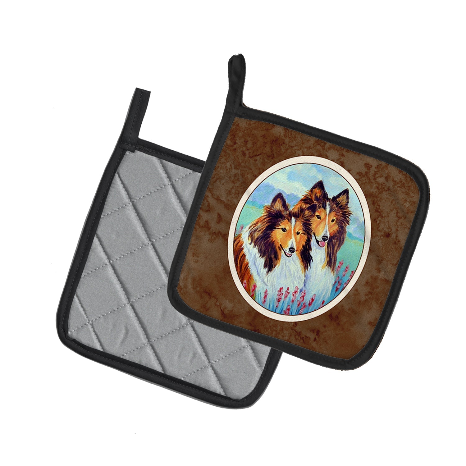 Sable Shelties Double Trouble Pot Holder Set of 2 Heat Resistant Quilted Hot Pads 7.5 x 7.5 Inch, Insulated Kitchen Trivets for Cooking & Baking