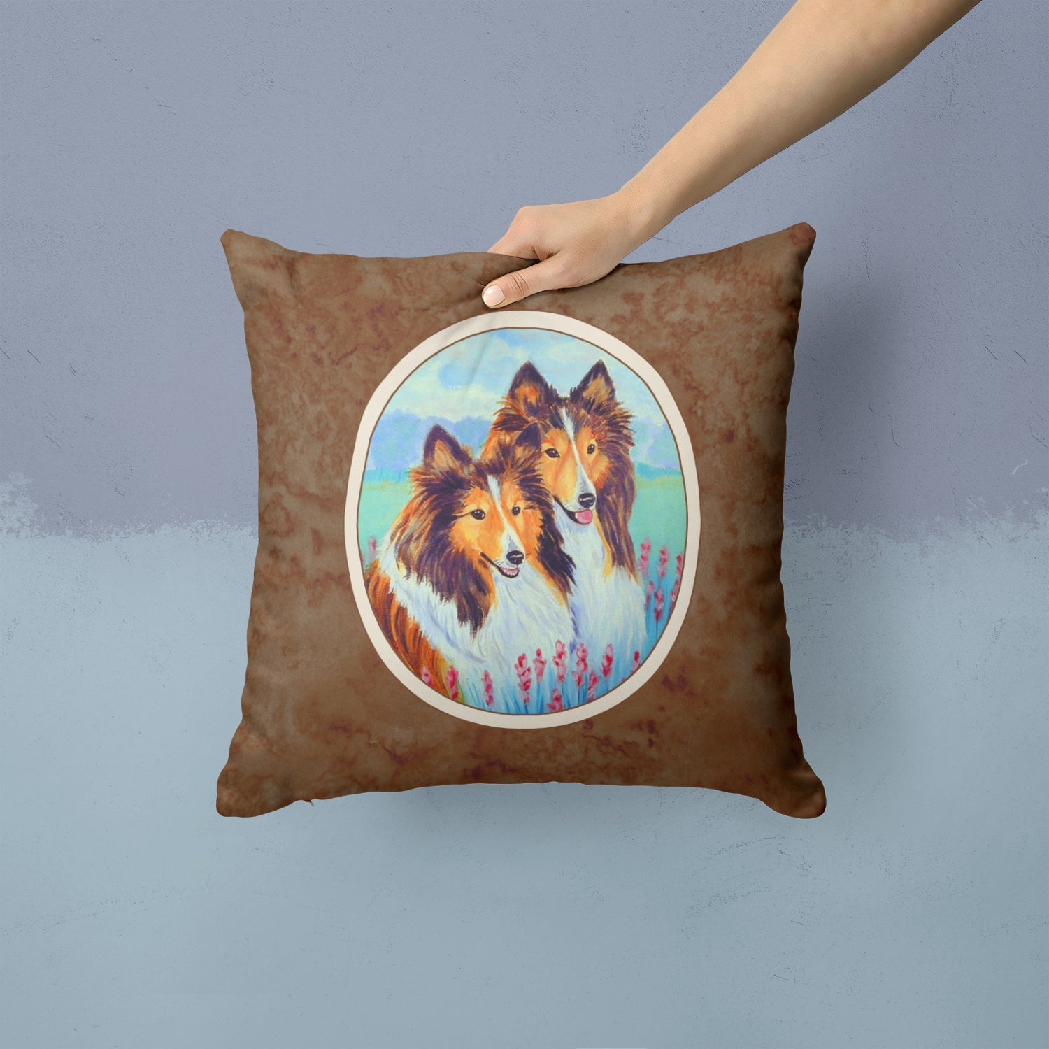 Sable Shelties Double Trouble Decorative Throw Pillow 14x14 Indoor Outdoor Accent Cushion, Fabric Cover with Insert for Sofa, Bed, Porch & Living Room