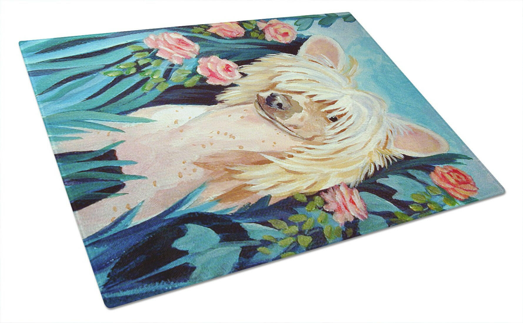 Chinese Crested Cutting Board Tempered Glass Kitchen Cutting Surface, Heat Resistant Chopping, Non-Slip Feet, Food Prep & Serving