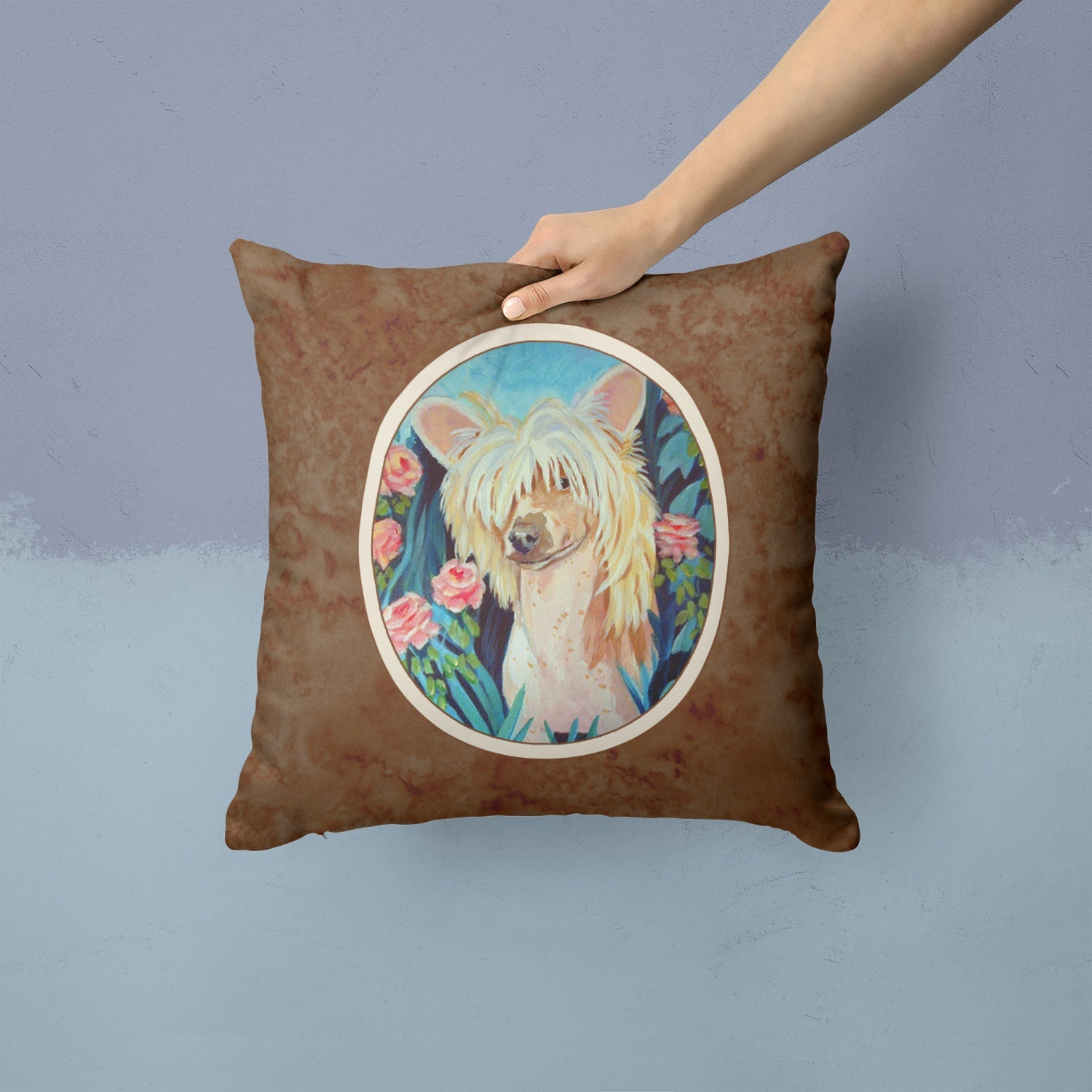 Chinese Crested Decorative Throw Pillow 14x14 Indoor Outdoor Accent Cushion, Fabric Cover with Insert for Sofa, Bed, Porch & Living Room