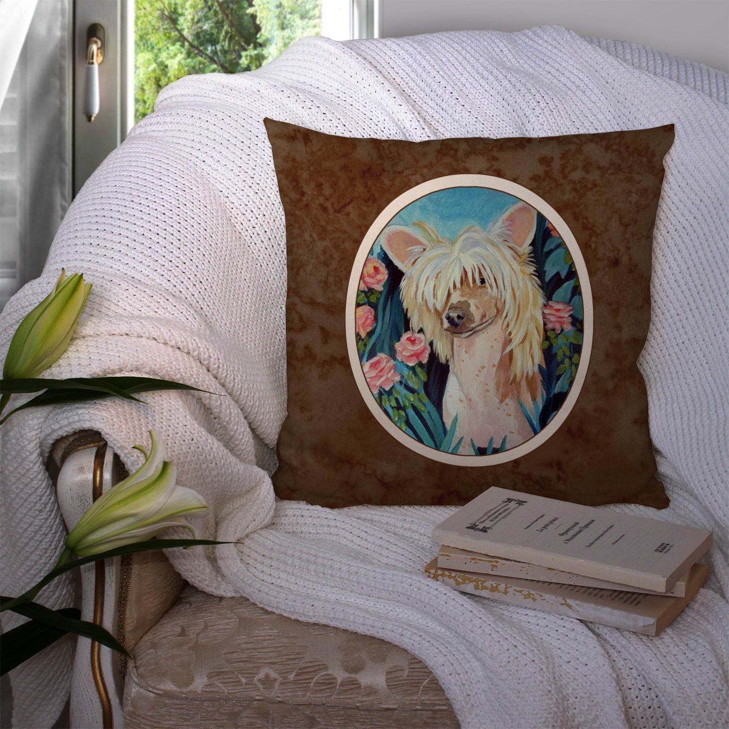 Chinese Crested Decorative Throw Pillow 14x14 Indoor Outdoor Accent Cushion, Fabric Cover with Insert for Sofa, Bed, Porch & Living Room