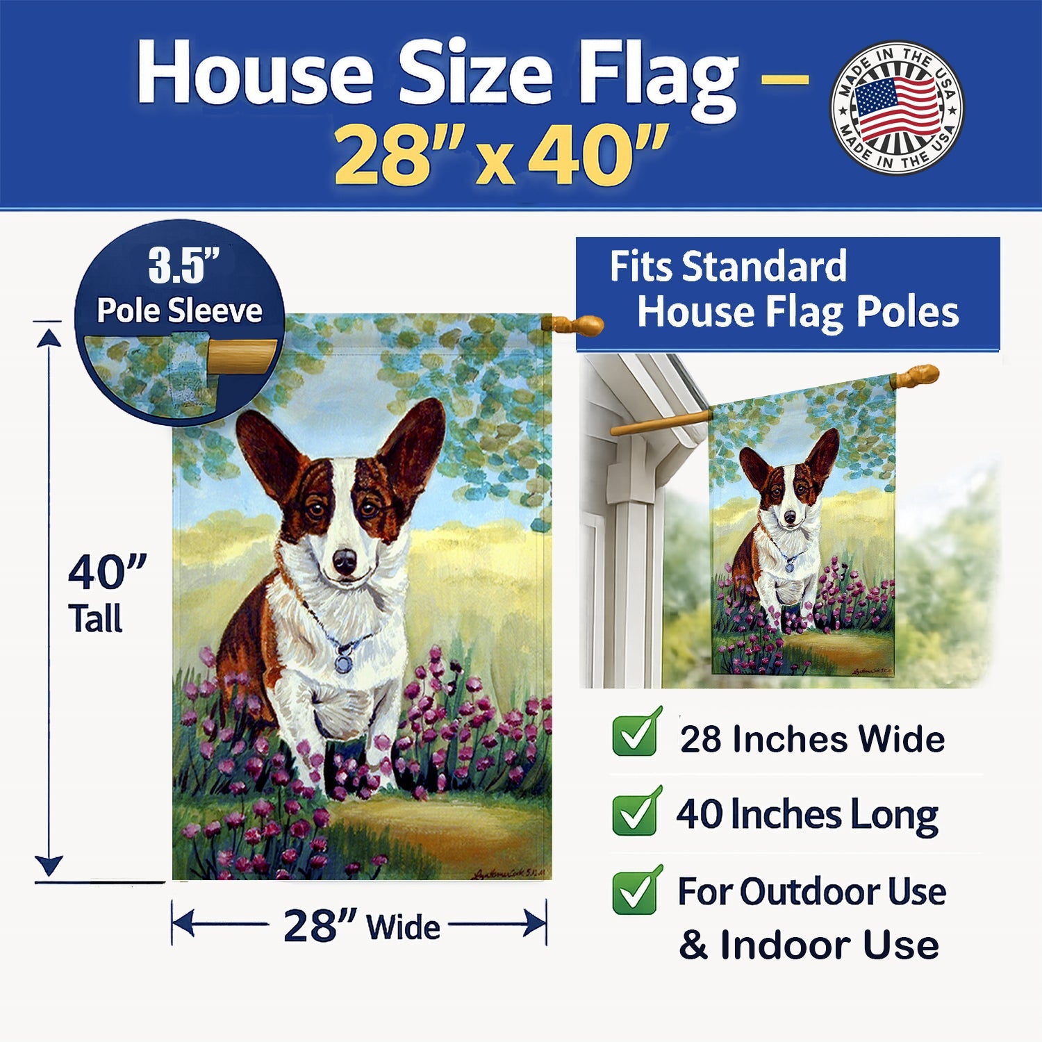Cardigan Corgi House Flag 28x40 Porch Sleeve Pole Decorative Outside Yard Banner Artwork Wall Hanging, Polyester