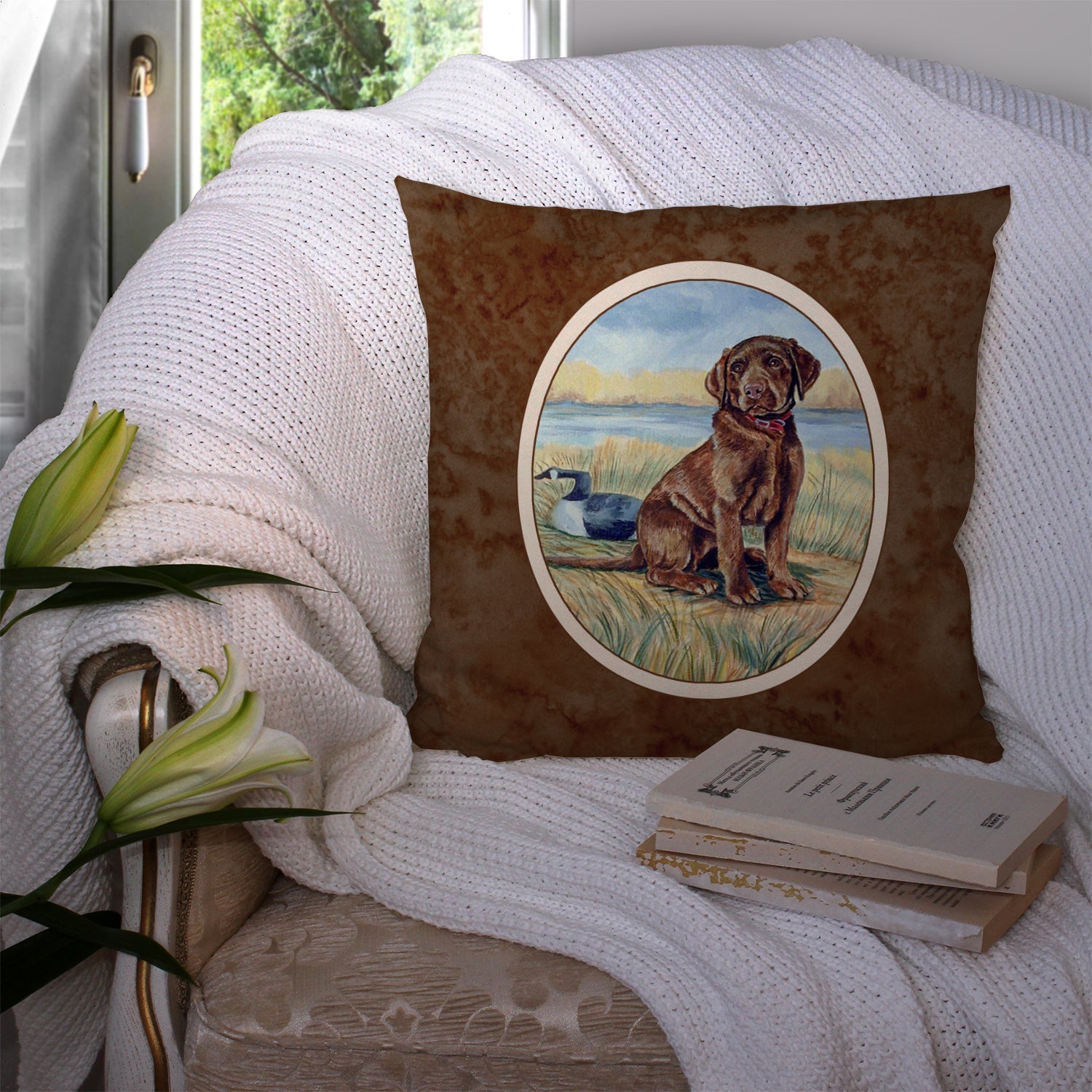 Chocolate Labrador Puppy  Decorative Throw Pillow 14x14 Indoor Outdoor Accent Cushion, Fabric Cover with Insert for Sofa, Bed, Porch & Living Room