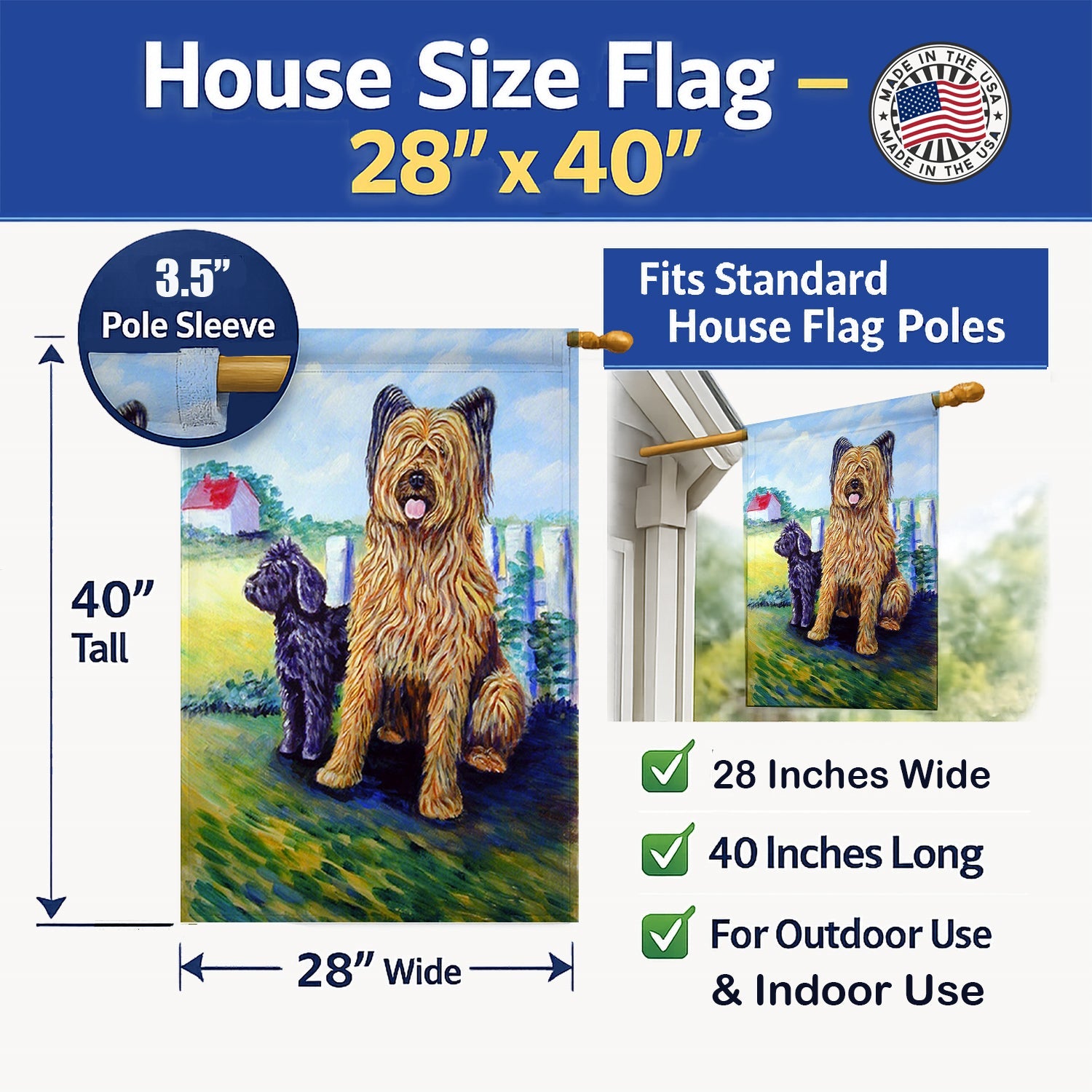 Briard House Flag 28x40 Porch Sleeve Pole Decorative Outside Yard Banner Artwork Wall Hanging, Polyester