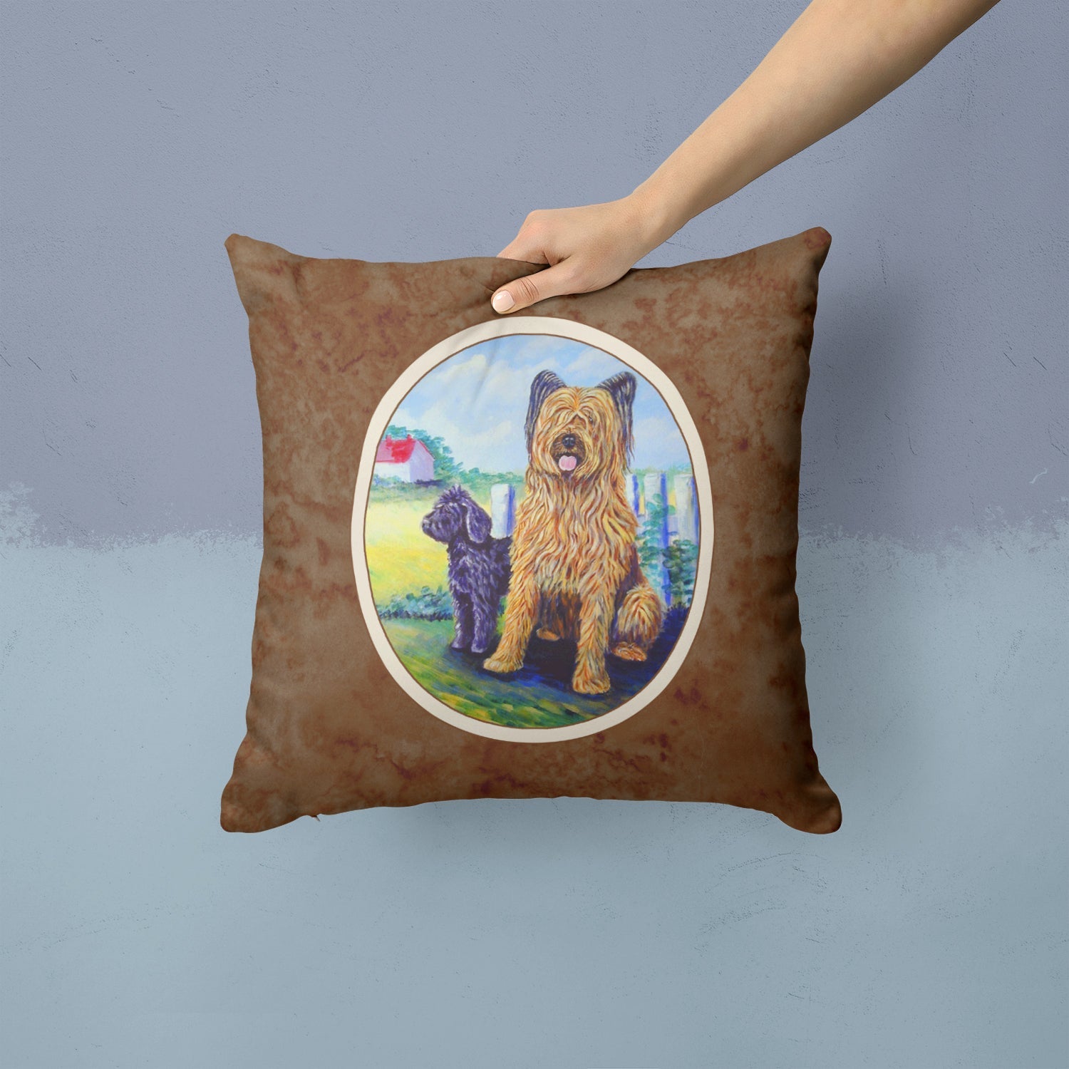 Briard Decorative Throw Pillow 14x14 Indoor Outdoor Accent Cushion, Fabric Cover with Insert for Sofa, Bed, Porch & Living Room