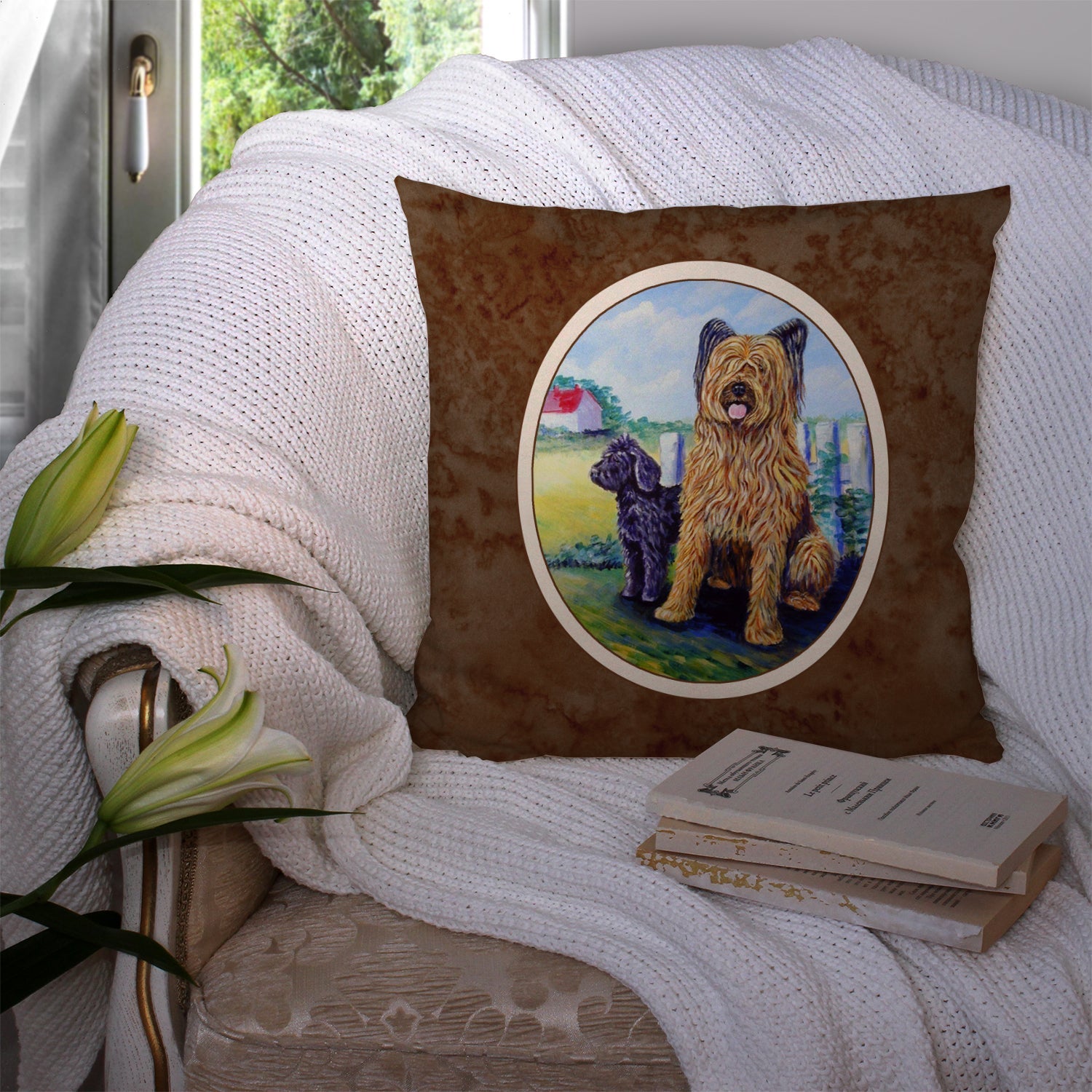 Briard Decorative Throw Pillow 14x14 Indoor Outdoor Accent Cushion, Fabric Cover with Insert for Sofa, Bed, Porch & Living Room