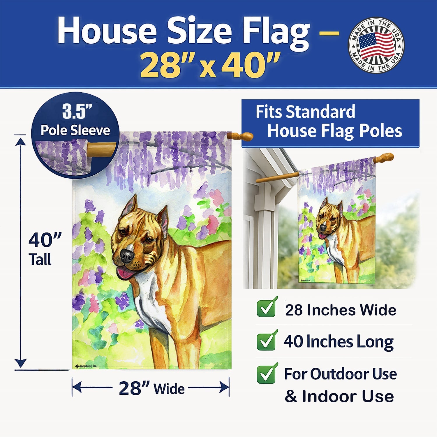 Pit Bull House Flag 28x40 Porch Sleeve Pole Decorative Outside Yard Banner Artwork Wall Hanging, Polyester