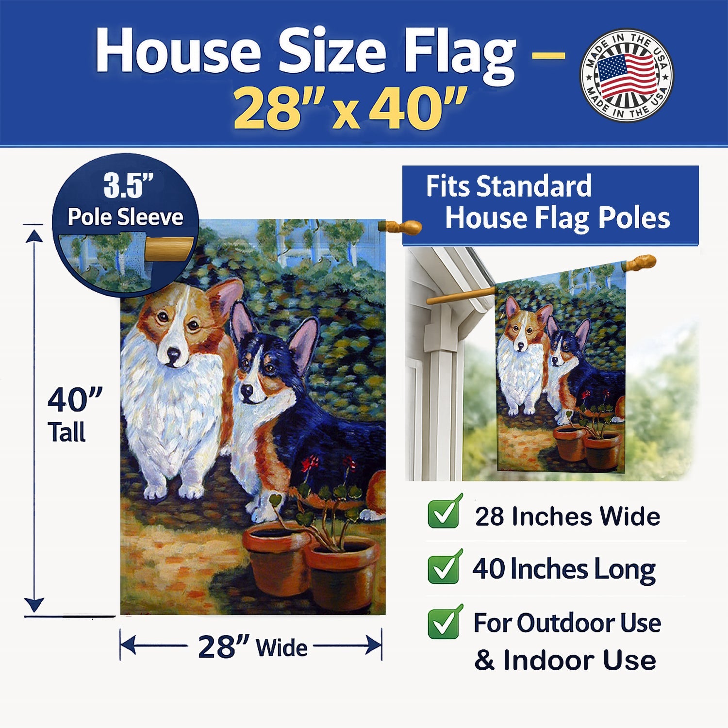 Cardigan and Pembroke Corgi House Flag 28x40 Porch Sleeve Pole Decorative Outside Yard Banner Artwork Wall Hanging, Polyester