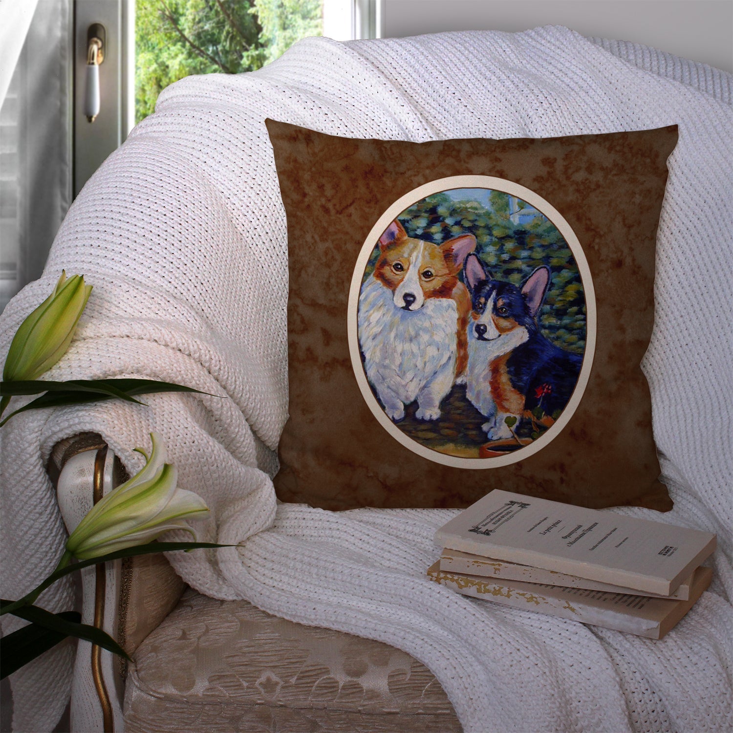 Cardigan and Pembroke Corgi Decorative Throw Pillow 14x14 Indoor Outdoor Accent Cushion, Fabric Cover with Insert for Sofa, Bed, Porch & Living Room