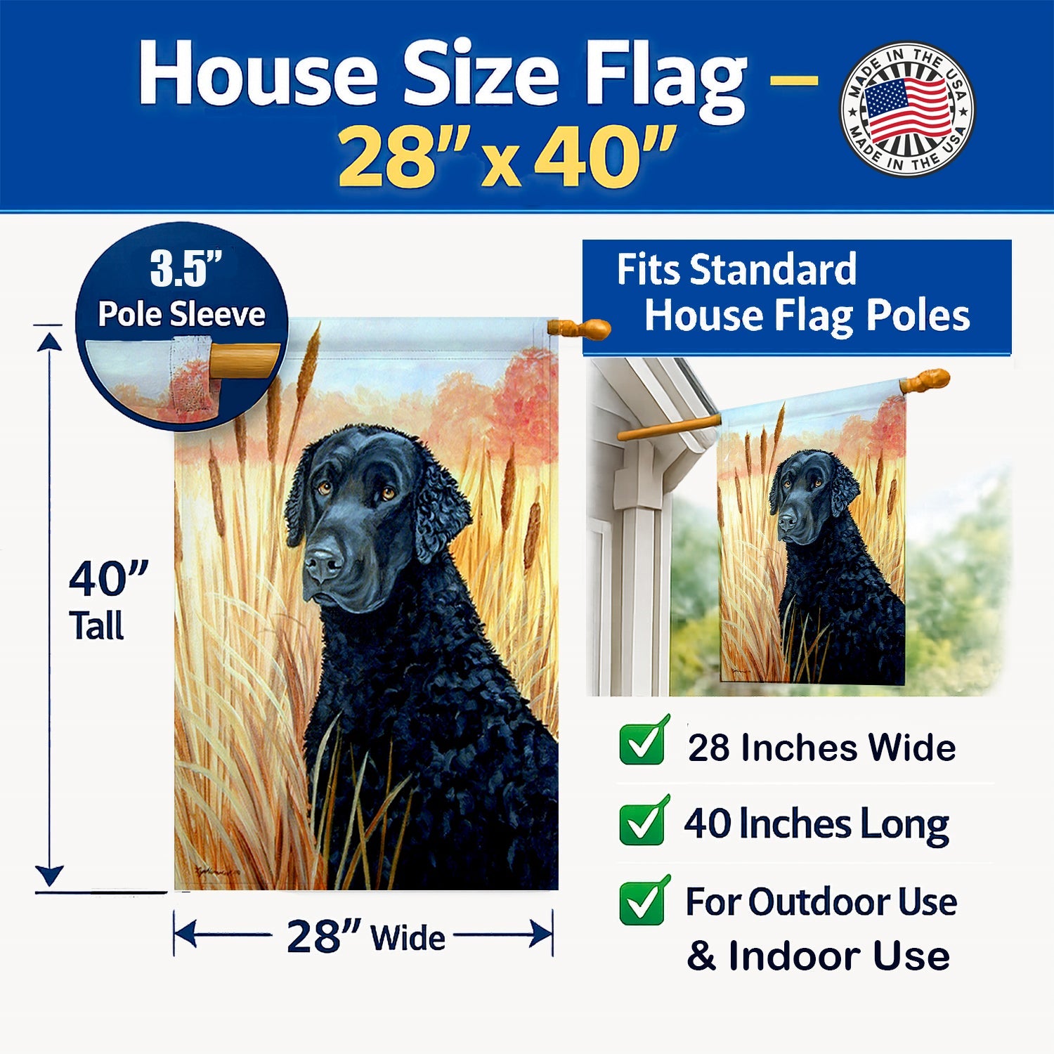 Curly Coated Retriever House Flag 28x40 Porch Sleeve Pole Decorative Outside Yard Banner Artwork Wall Hanging, Polyester