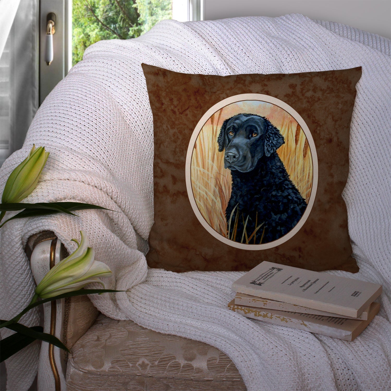 Curly Coated Retriever Decorative Throw Pillow 14x14 Indoor Outdoor Accent Cushion, Fabric Cover with Insert for Sofa, Bed, Porch & Living Room