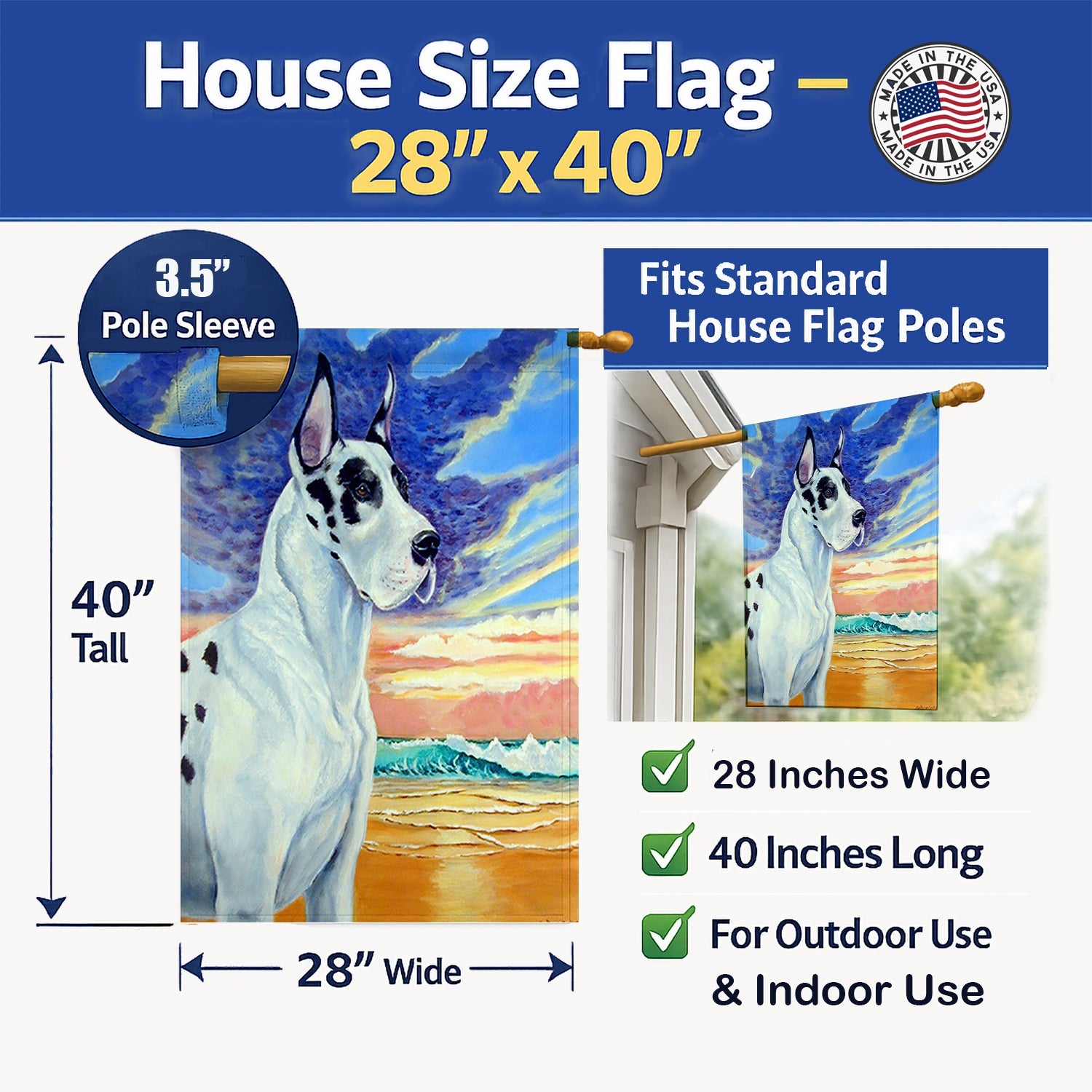 Harelquin Great Dane House Flag 28x40 Porch Sleeve Pole Decorative Outside Yard Banner Artwork Wall Hanging, Polyester