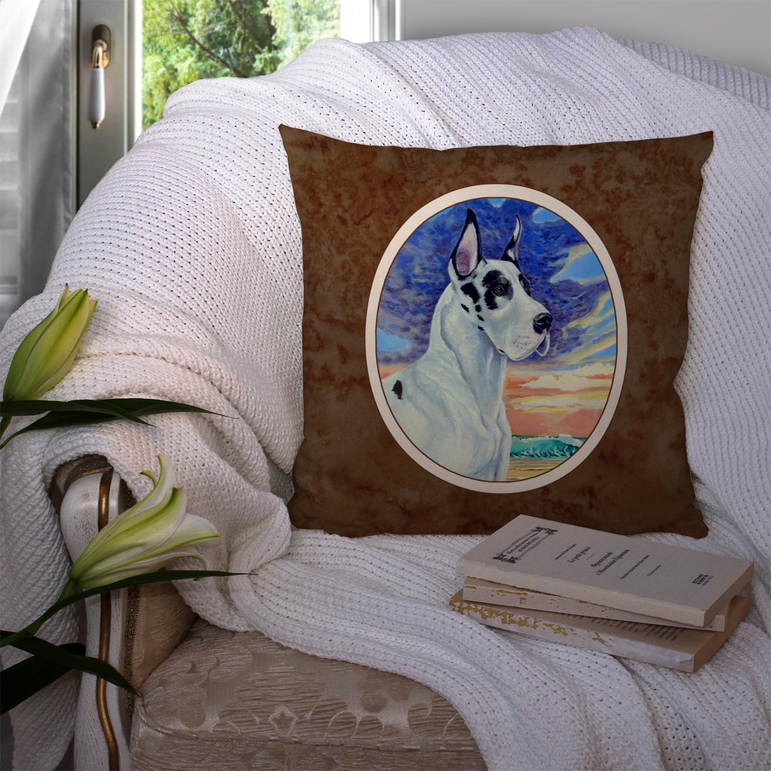 Harelquin Great Dane Decorative Throw Pillow 14x14 Indoor Outdoor Accent Cushion, Fabric Cover with Insert for Sofa, Bed, Porch & Living Room