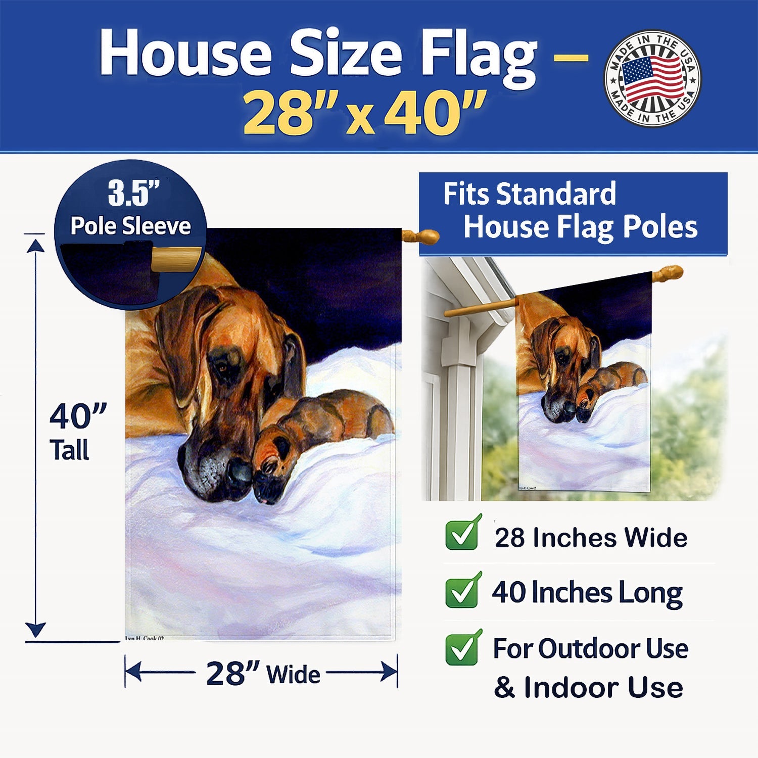 Natural Eared Fawn Great Dane Momma and Puppy House Flag 28x40 Porch Sleeve Pole Decorative Outside Yard Banner Artwork Wall Hanging, Polyester