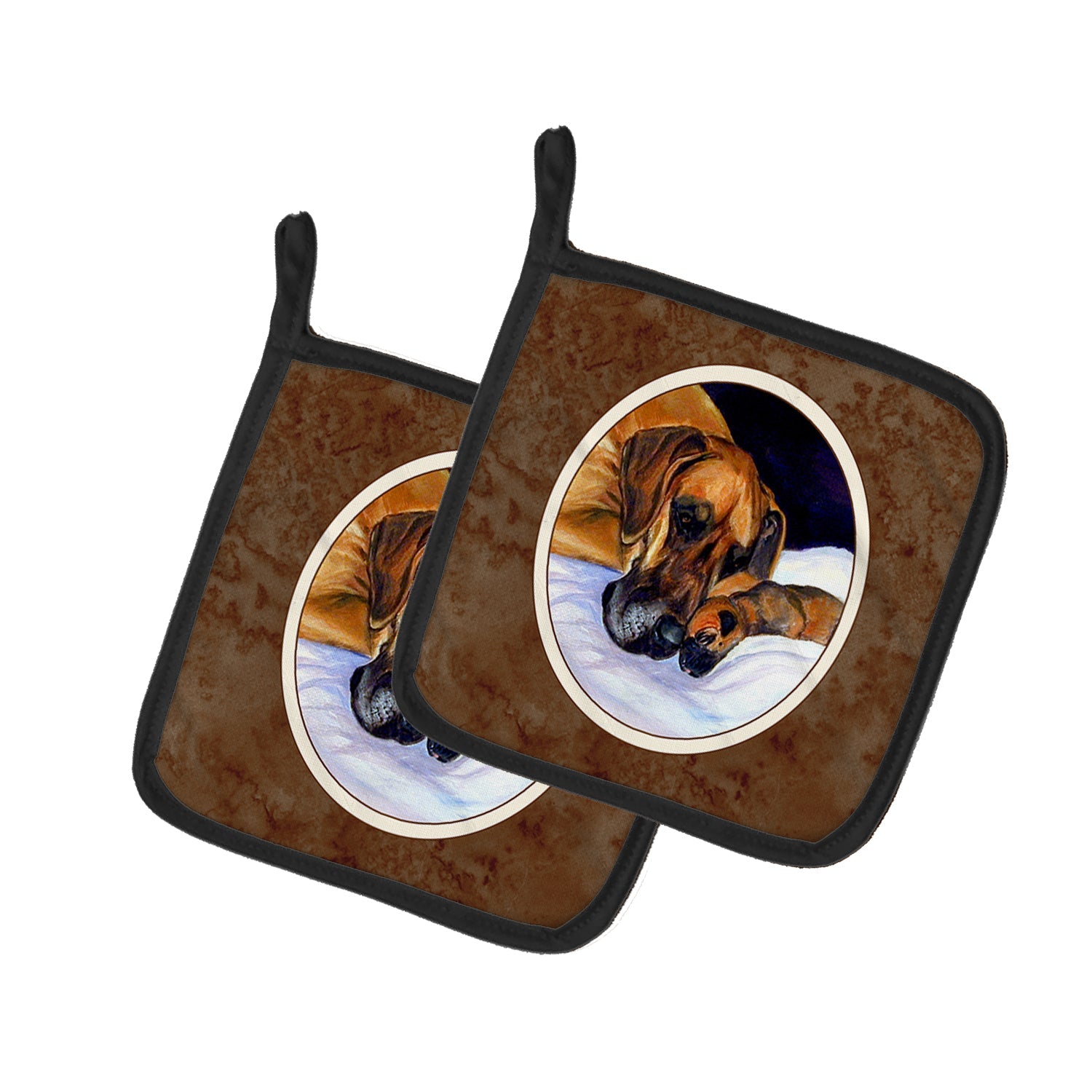 Natural Eared Fawn Great Dane Momma and Puppy Pot Holder Set of 2 Heat Resistant Quilted Hot Pads 7.5 x 7.5 Inch, Insulated Kitchen Trivets for Cooking & Baking