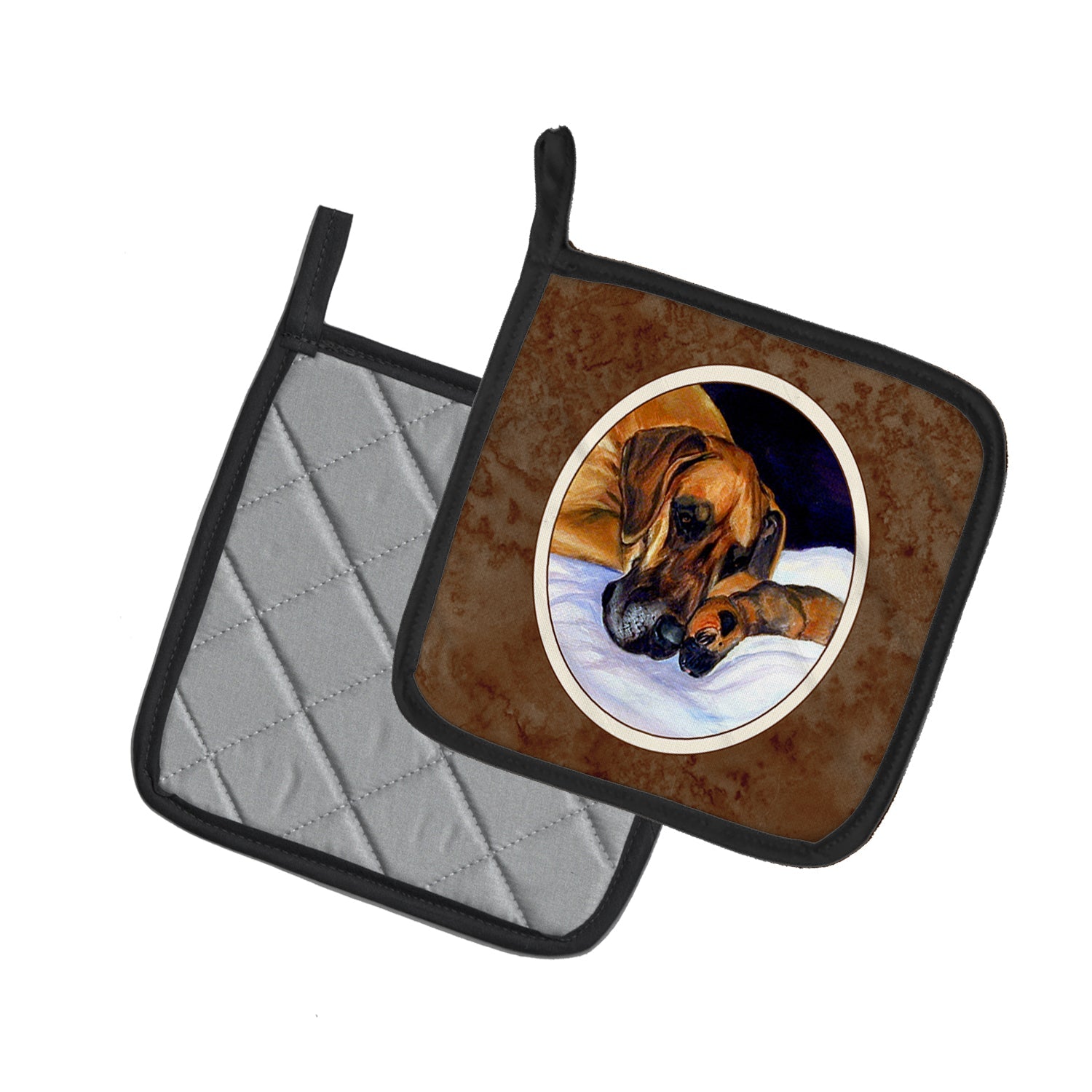 Natural Eared Fawn Great Dane Momma and Puppy Pot Holder Set of 2 Heat Resistant Quilted Hot Pads 7.5 x 7.5 Inch, Insulated Kitchen Trivets for Cooking & Baking