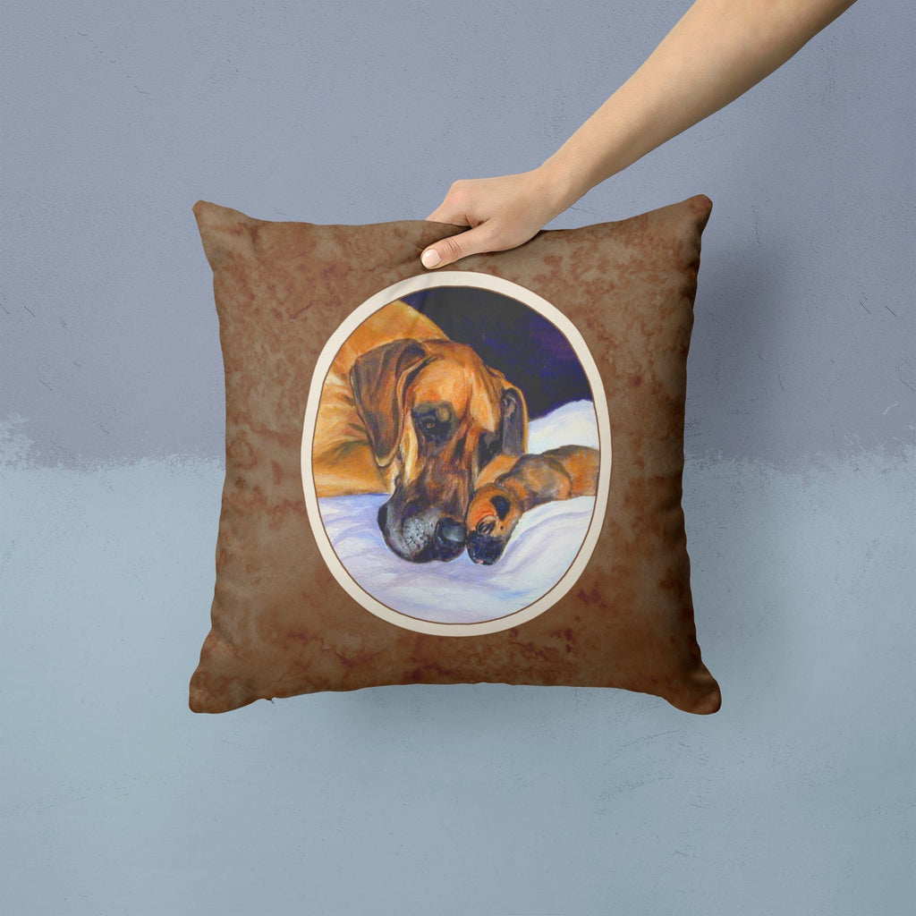 Natural Eared Fawn Great Dane Momma and Puppy Decorative Throw Pillow 14x14 Indoor Outdoor Accent Cushion, Fabric Cover with Insert for Sofa, Bed, Porch & Living Room