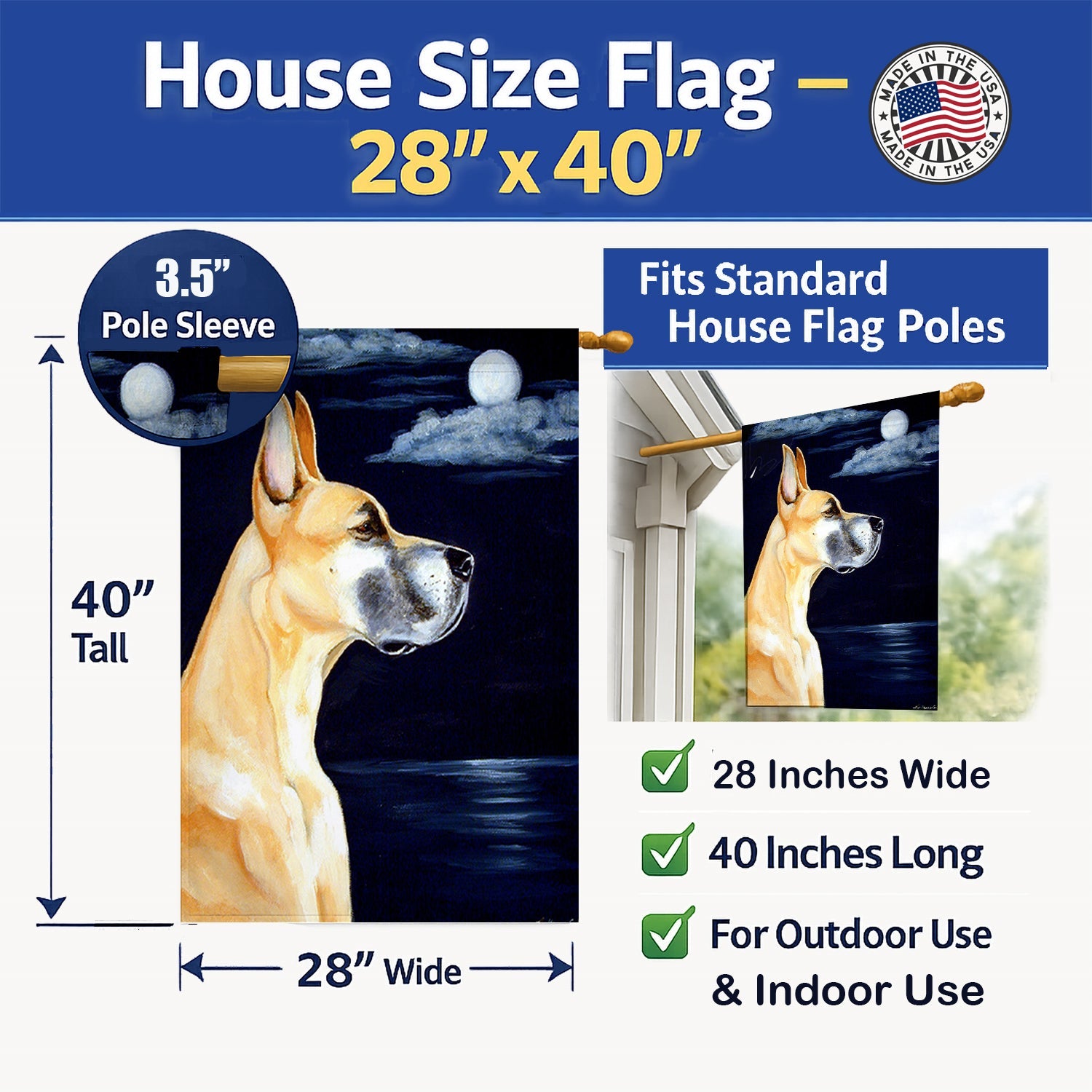 Fawn Great Dane Moonlight Stroll House Flag 28x40 Porch Sleeve Pole Decorative Outside Yard Banner Artwork Wall Hanging, Polyester