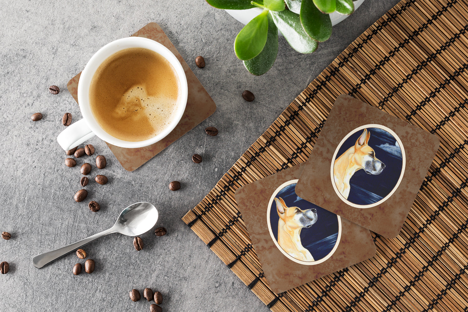 Fawn Great Dane Moonlight Stroll Foam Coasters Set of 4 Cup Coasters for Indoor Outdoor, Tabletop Protection, Anti Slip, Mouse pad Material