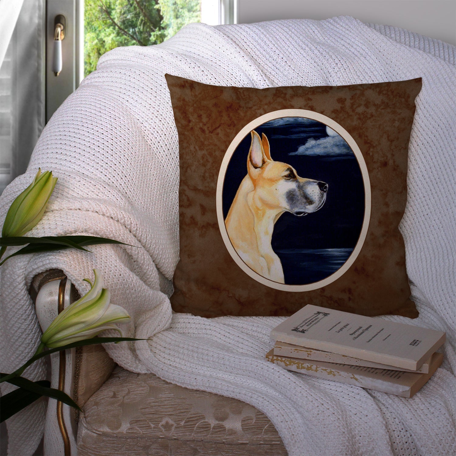 Fawn Great Dane Moonlight Stroll Decorative Throw Pillow 14x14 Indoor Outdoor Accent Cushion, Fabric Cover with Insert for Sofa, Bed, Porch & Living Room