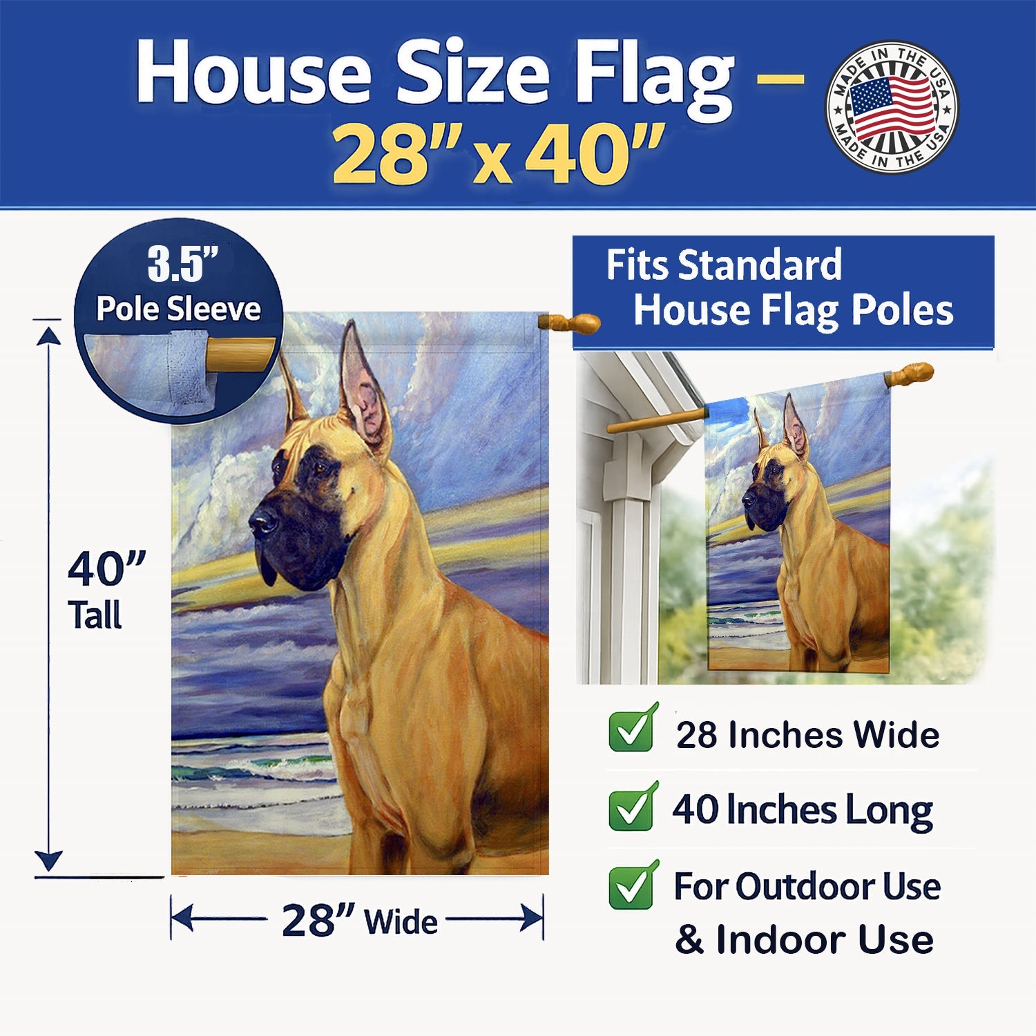 Fawn Great Dane at the beach House Flag 28x40 Porch Sleeve Pole Decorative Outside Yard Banner Artwork Wall Hanging, Polyester