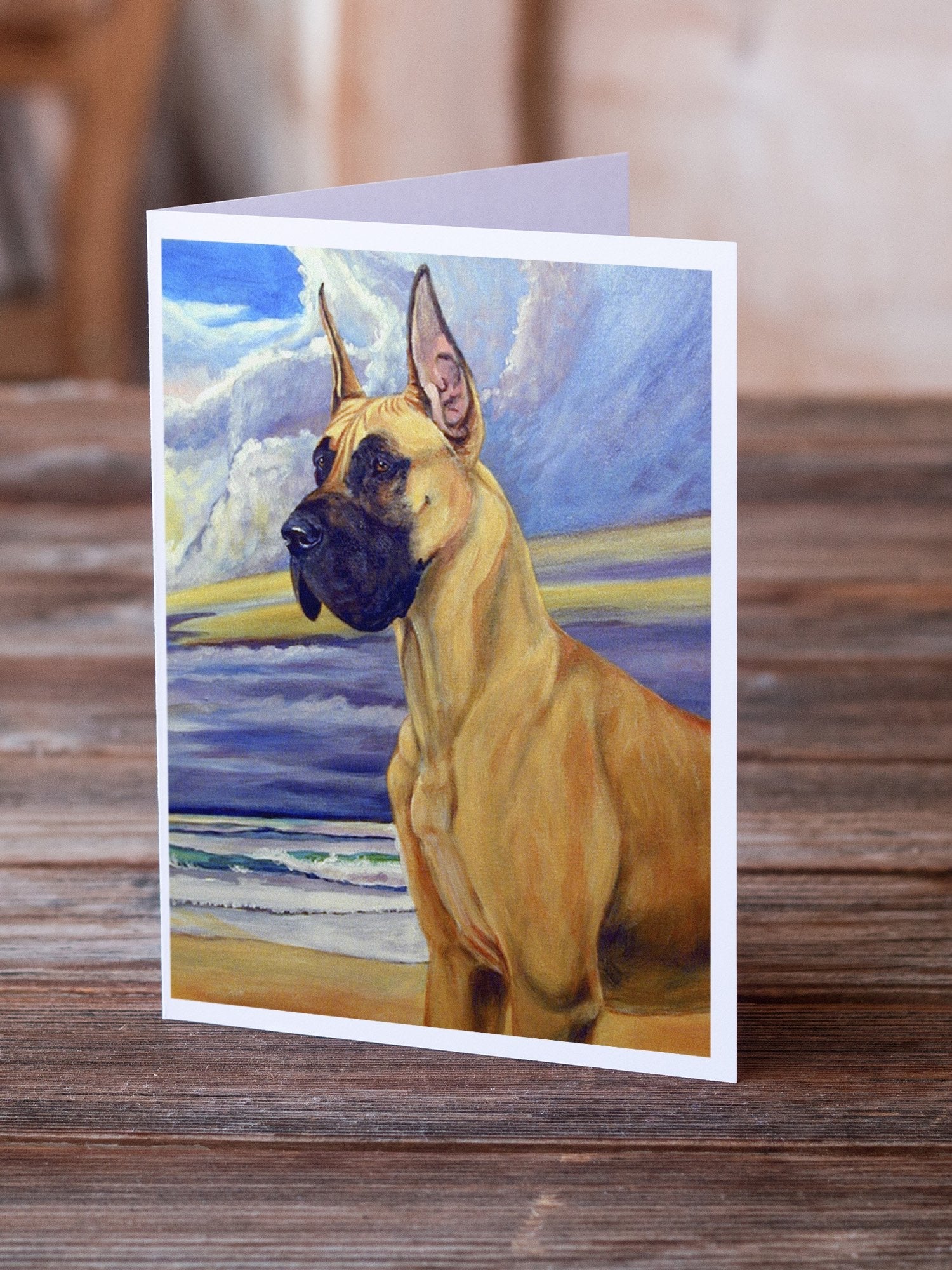 Fawn Great Dane at the beach Greeting Cards Pack of 8 Blank Cards with Envelopes Whimsical A7 Size 5x7