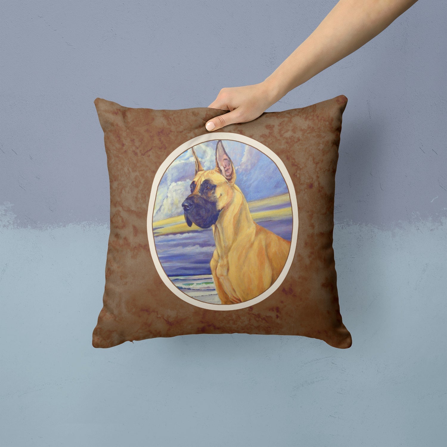 Fawn Great Dane at the beach Decorative Throw Pillow 14x14 Indoor Outdoor Accent Cushion, Fabric Cover with Insert for Sofa, Bed, Porch & Living Room
