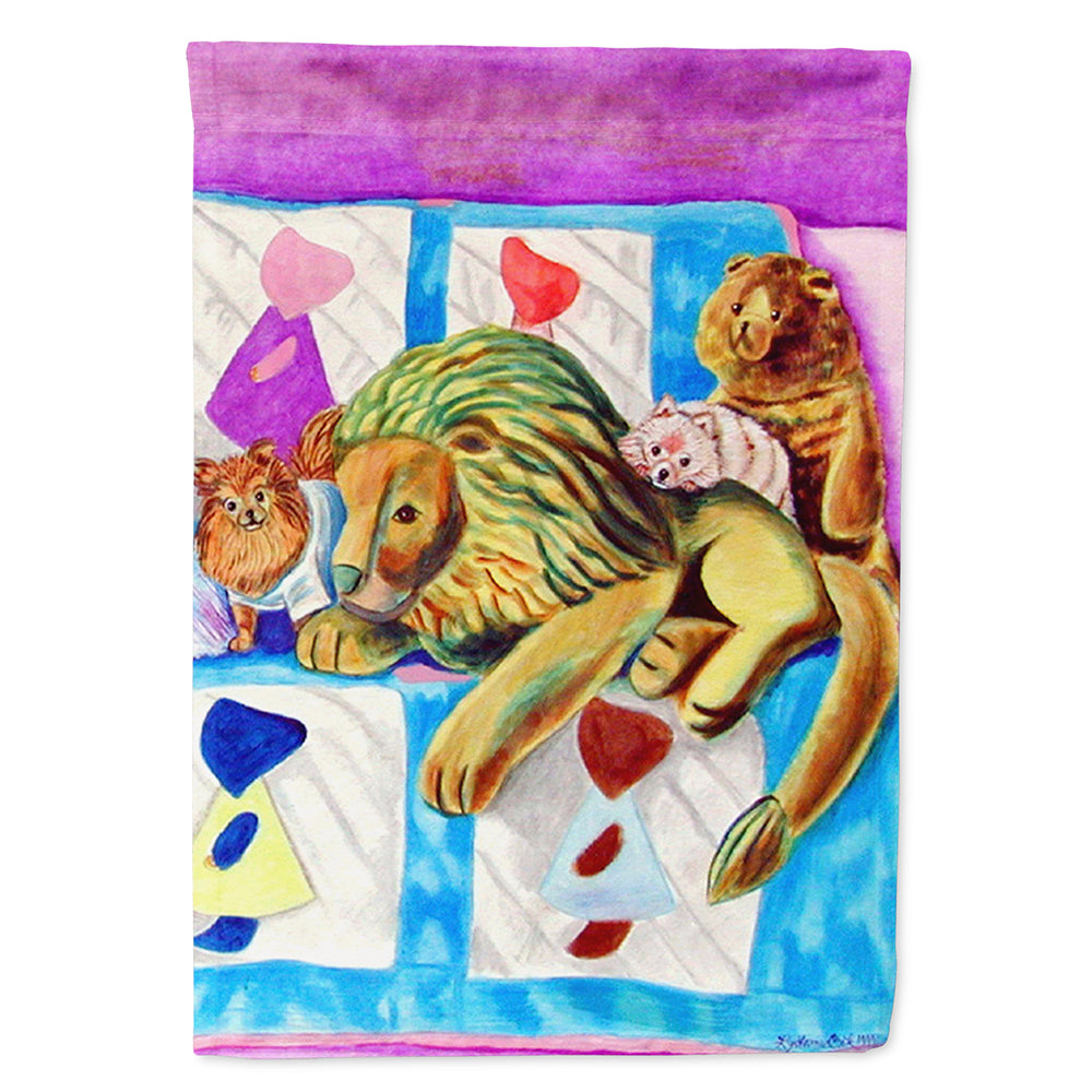 Pomeranian on the Couch with Toy Tiger House Flag 28x40 Porch Sleeve Pole Decorative Outside Yard Banner Artwork Wall Hanging, Polyester