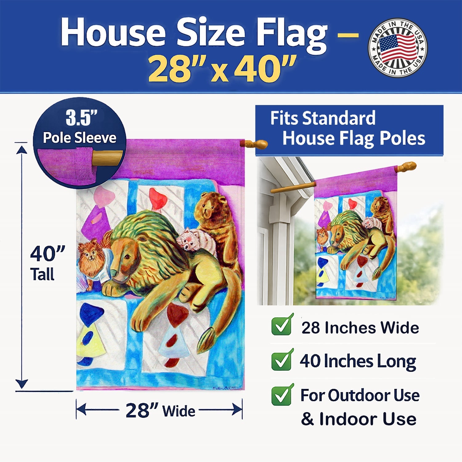 Pomeranian on the Couch with Toy Tiger House Flag 28x40 Porch Sleeve Pole Decorative Outside Yard Banner Artwork Wall Hanging, Polyester