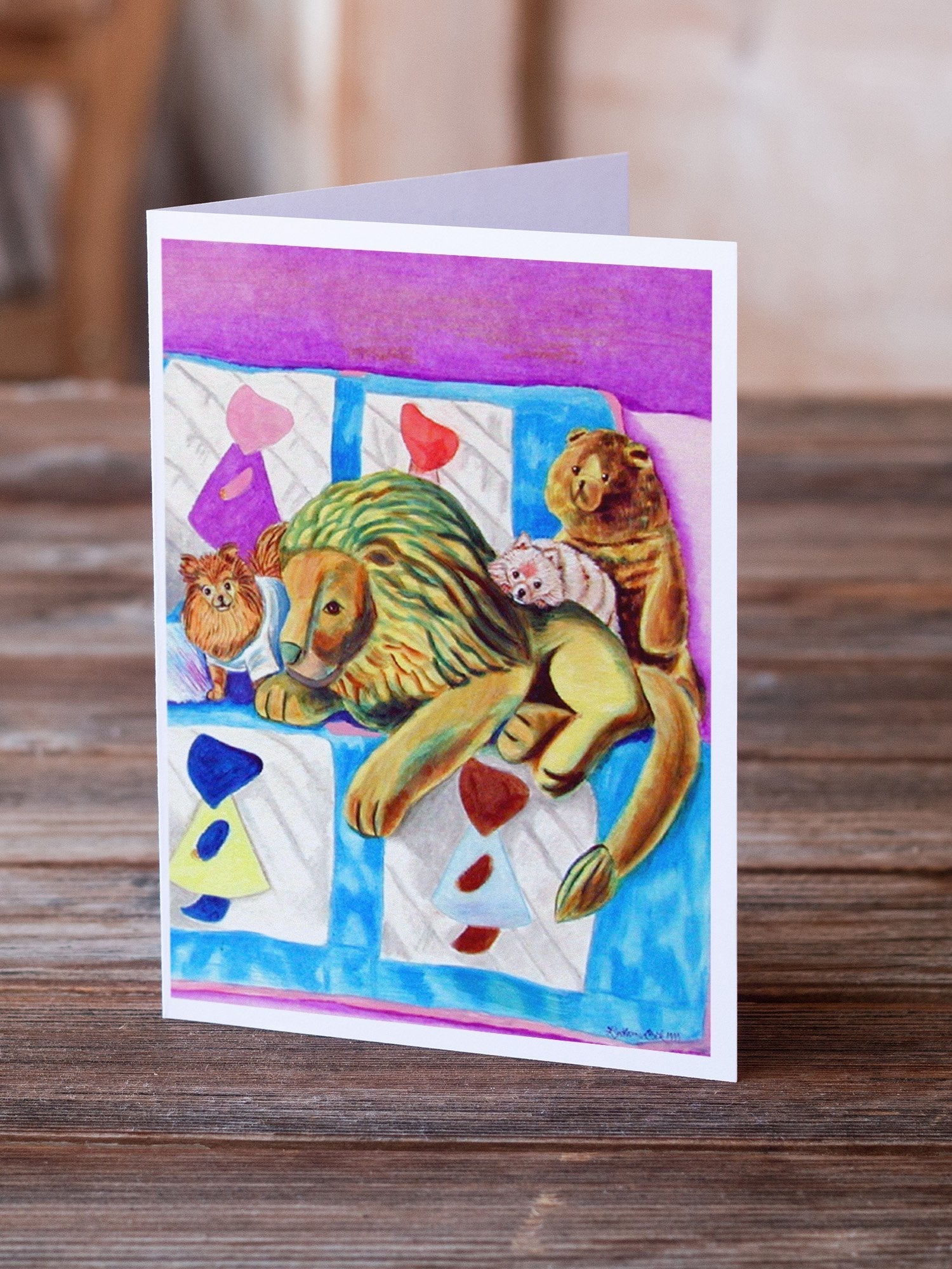 Pomeranian on the Couch with Toy Tiger Greeting Cards Pack of 8 Blank Cards with Envelopes Whimsical A7 Size 5x7