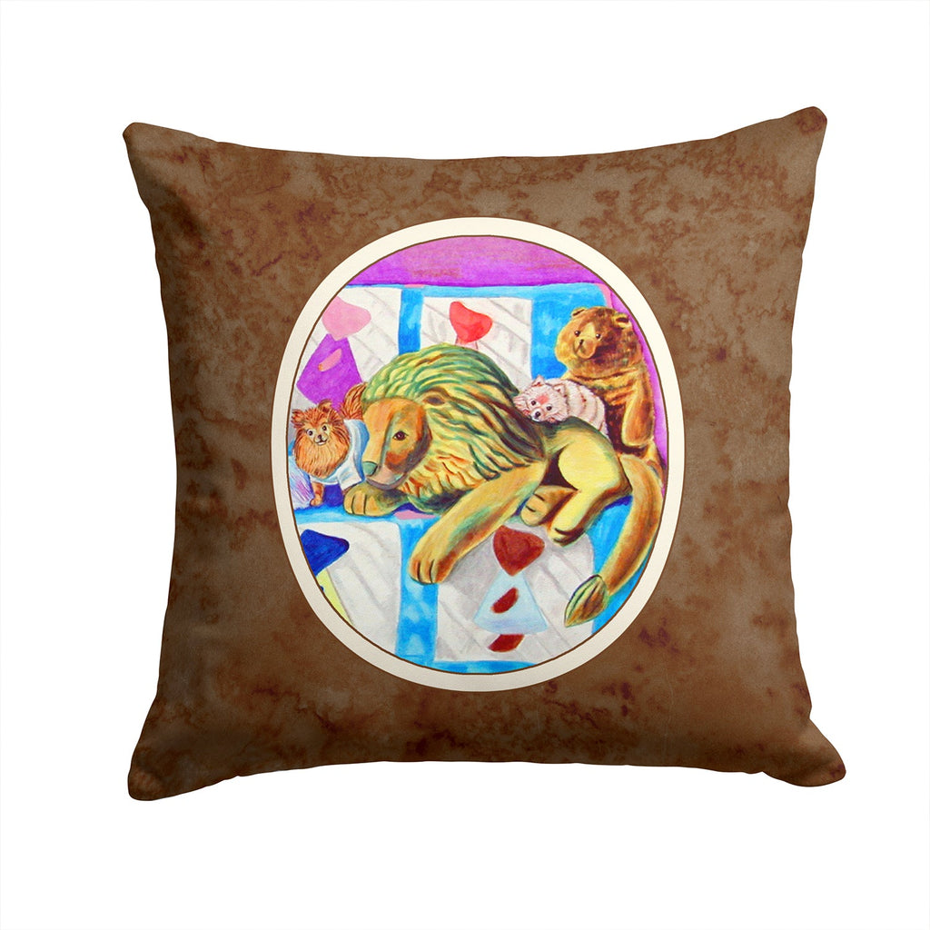 Pomeranian on the Couch with Toy Tiger Decorative Throw Pillow 14x14 Indoor Outdoor Accent Cushion, Fabric Cover with Insert for Sofa, Bed, Porch & Living Room