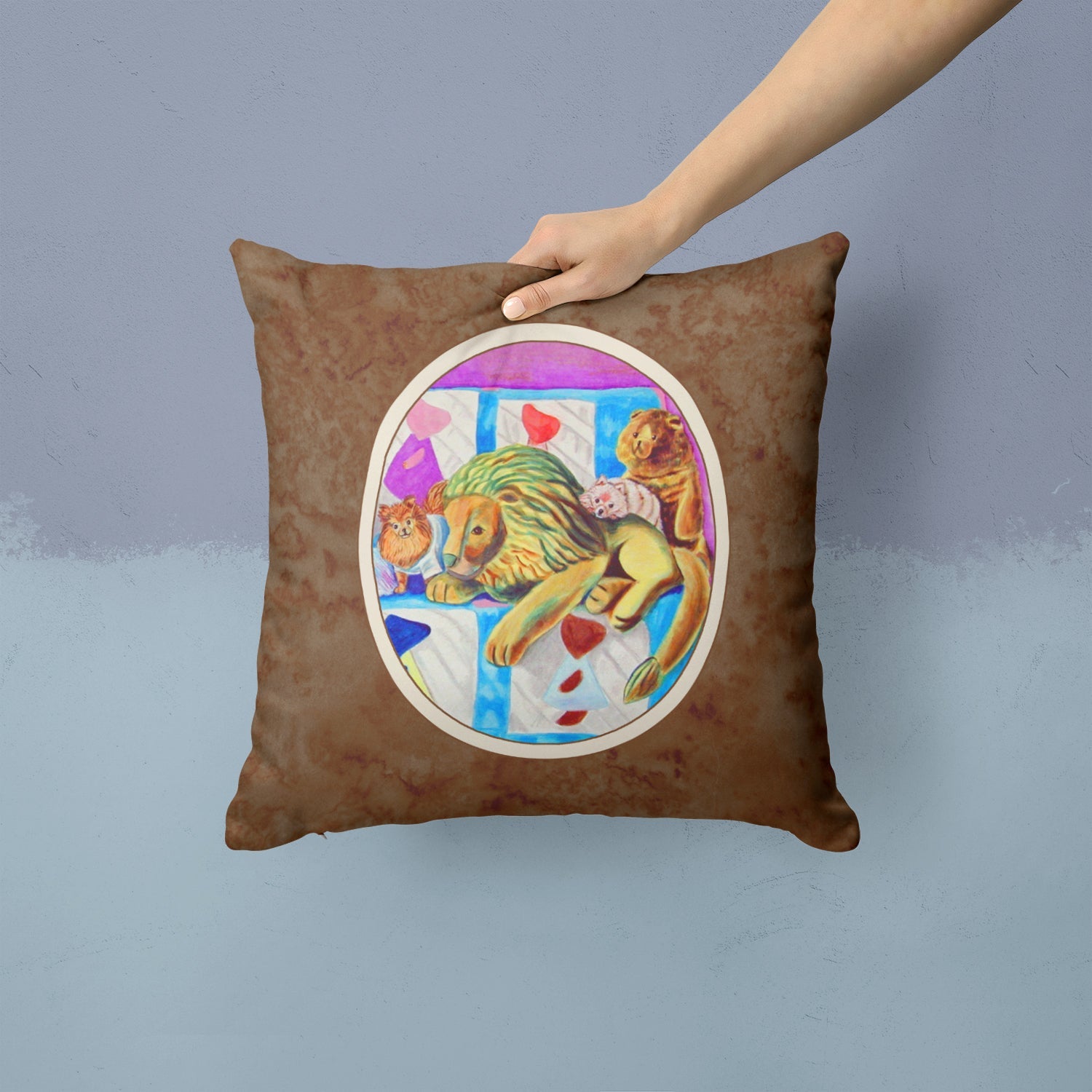 Pomeranian on the Couch with Toy Tiger Decorative Throw Pillow 14x14 Indoor Outdoor Accent Cushion, Fabric Cover with Insert for Sofa, Bed, Porch & Living Room