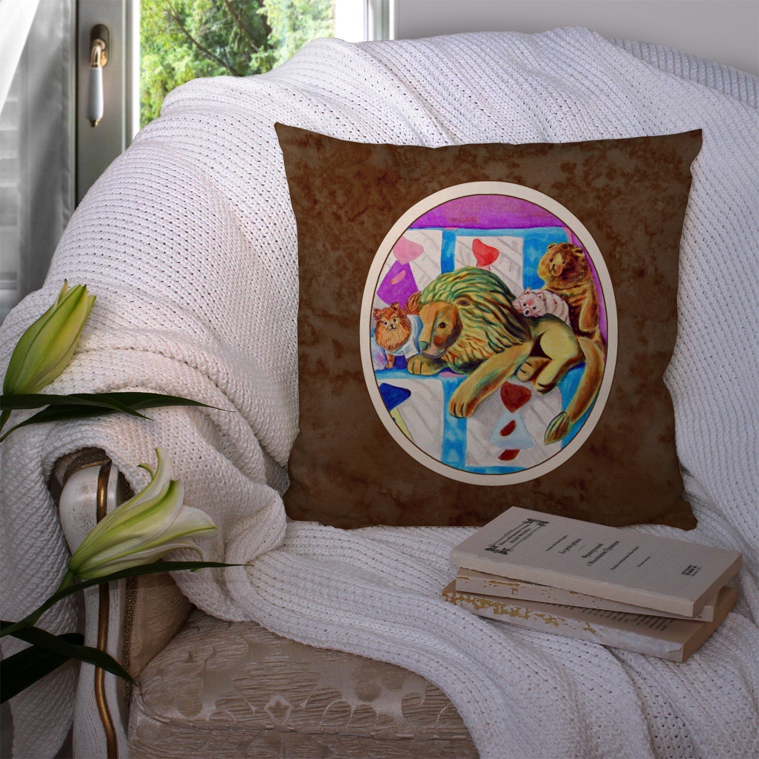 Pomeranian on the Couch with Toy Tiger Decorative Throw Pillow 14x14 Indoor Outdoor Accent Cushion, Fabric Cover with Insert for Sofa, Bed, Porch & Living Room