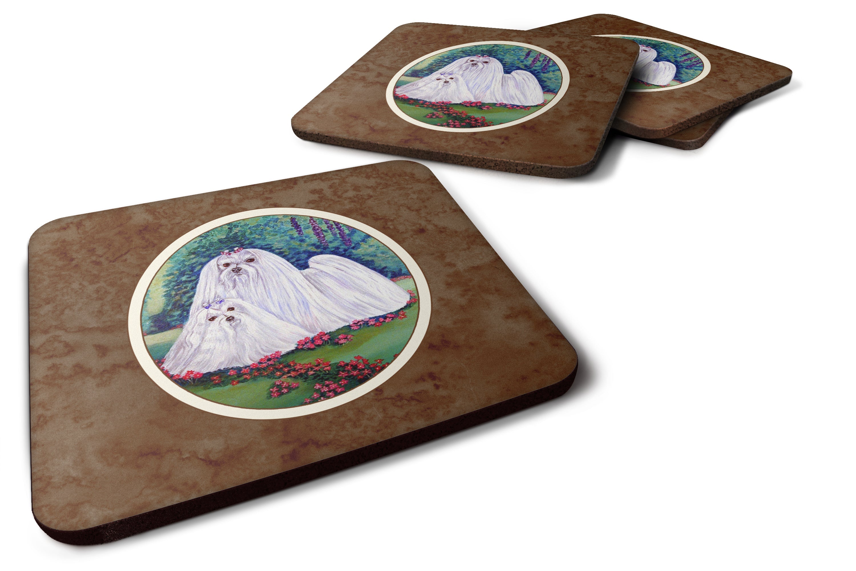 Maltese Momma and Puppy Foam Coasters Set of 4 Cup Coasters for Indoor Outdoor, Tabletop Protection, Anti Slip, Mouse pad Material
