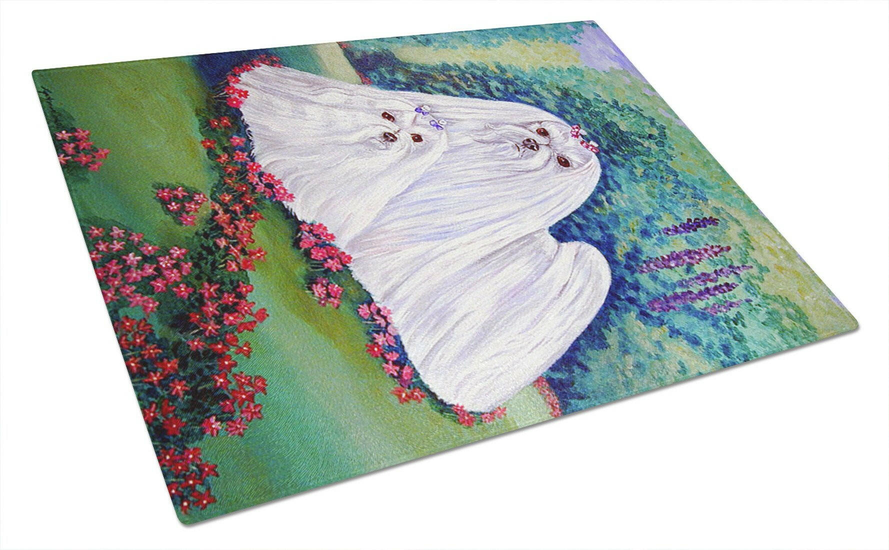 Maltese Momma and Puppy Cutting Board Tempered Glass Kitchen Cutting Surface, Heat Resistant Chopping, Non-Slip Feet, Food Prep & Serving