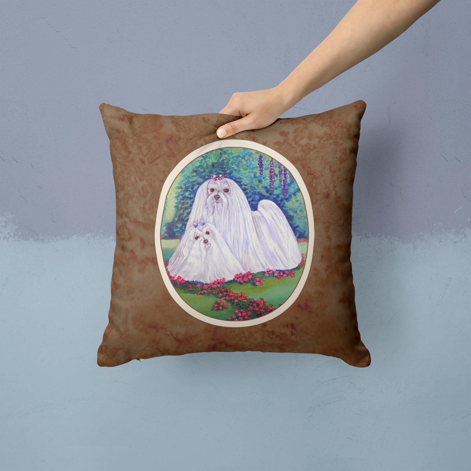 Maltese Momma and Puppy Decorative Throw Pillow 14x14 Indoor Outdoor Accent Cushion, Fabric Cover with Insert for Sofa, Bed, Porch & Living Room