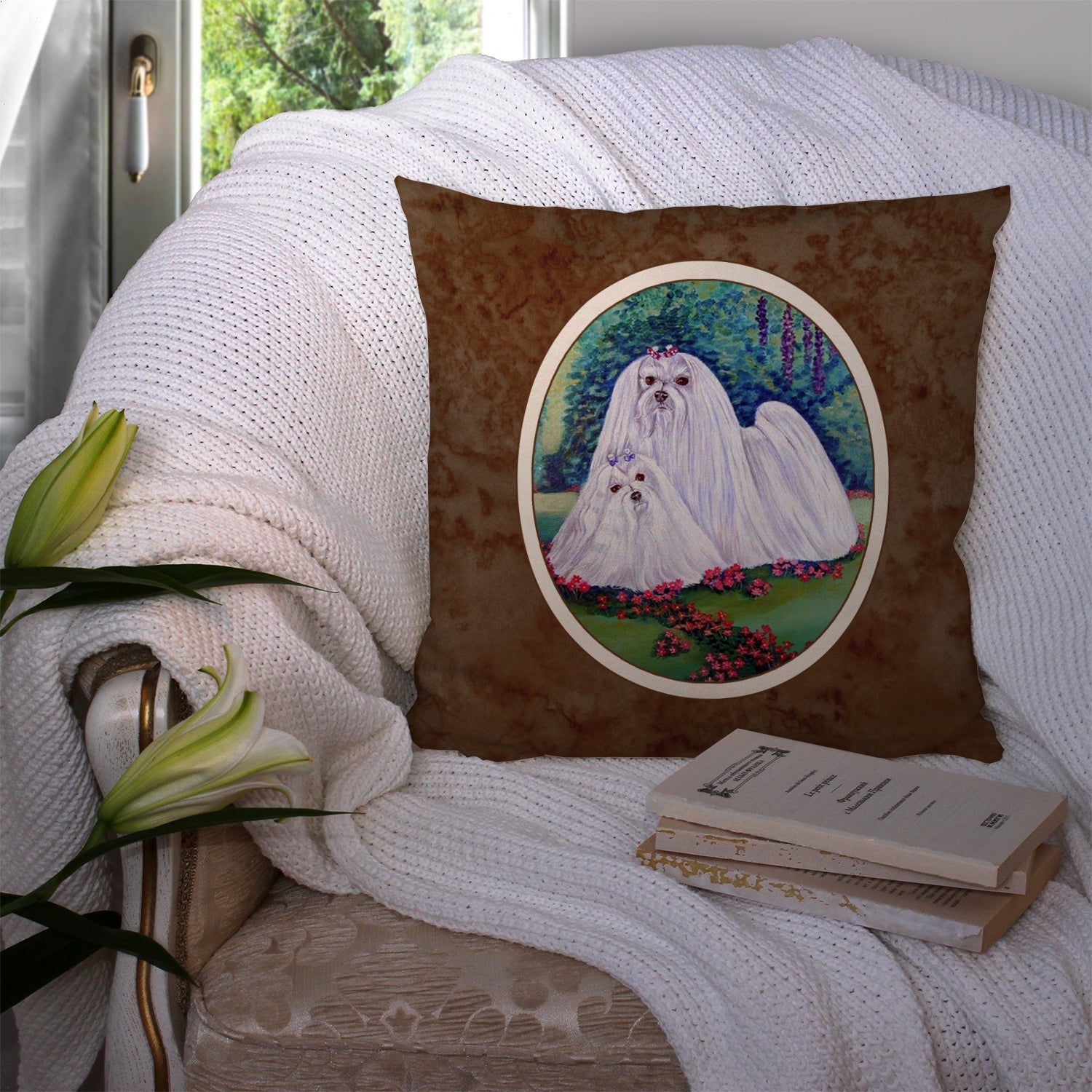 Maltese Momma and Puppy Decorative Throw Pillow 14x14 Indoor Outdoor Accent Cushion, Fabric Cover with Insert for Sofa, Bed, Porch & Living Room