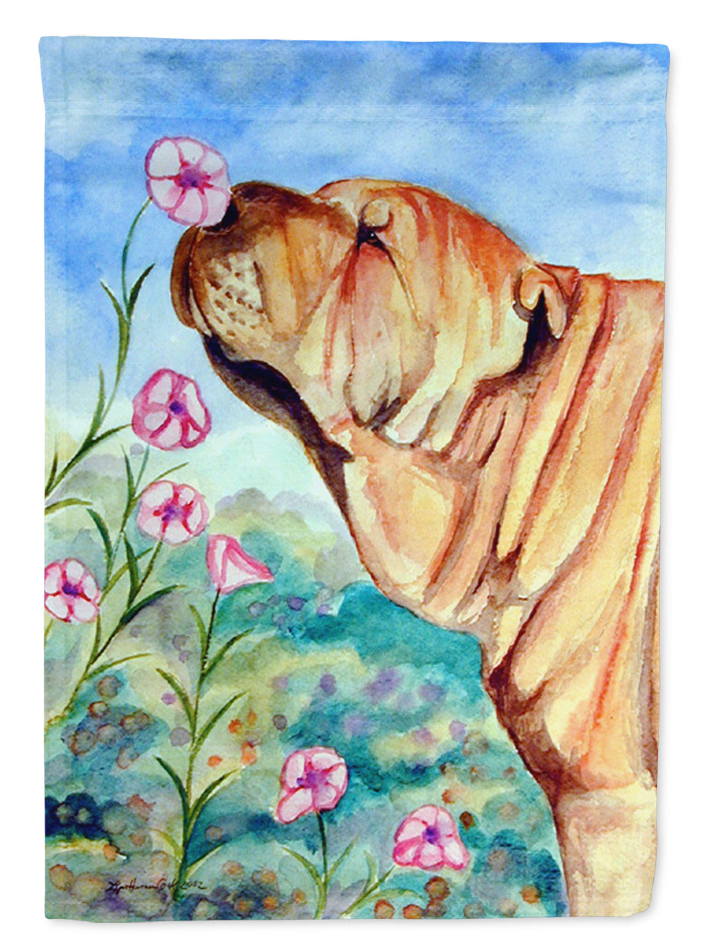 Shar Pei Smell the flowers House Flag 28x40 Porch Sleeve Pole Decorative Outside Yard Banner Artwork Wall Hanging, Polyester