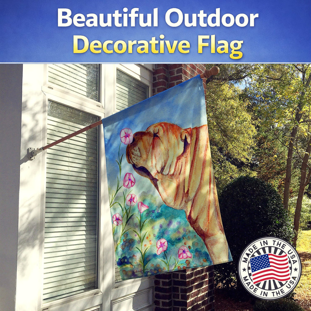 Shar Pei Smell the flowers House Flag 28x40 Porch Sleeve Pole Decorative Outside Yard Banner Artwork Wall Hanging, Polyester