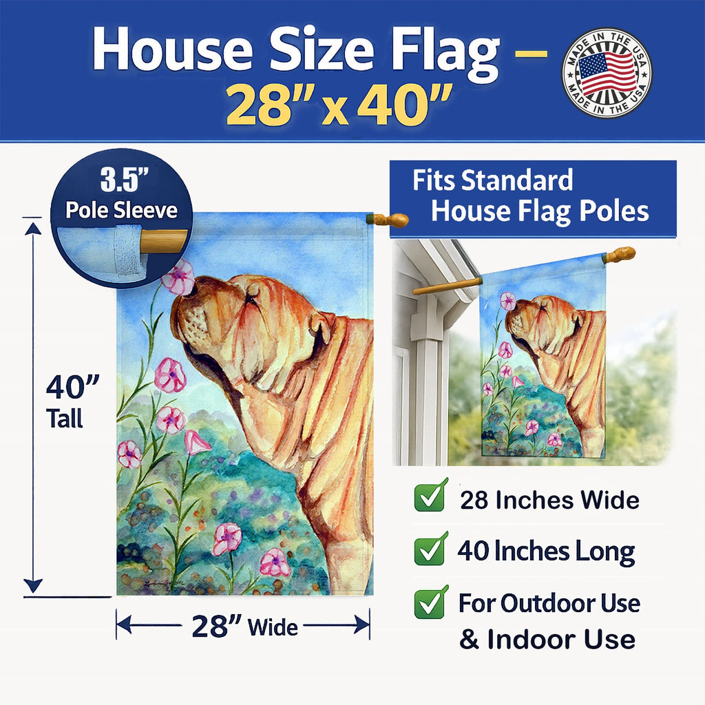 Shar Pei Smell the flowers House Flag 28x40 Porch Sleeve Pole Decorative Outside Yard Banner Artwork Wall Hanging, Polyester